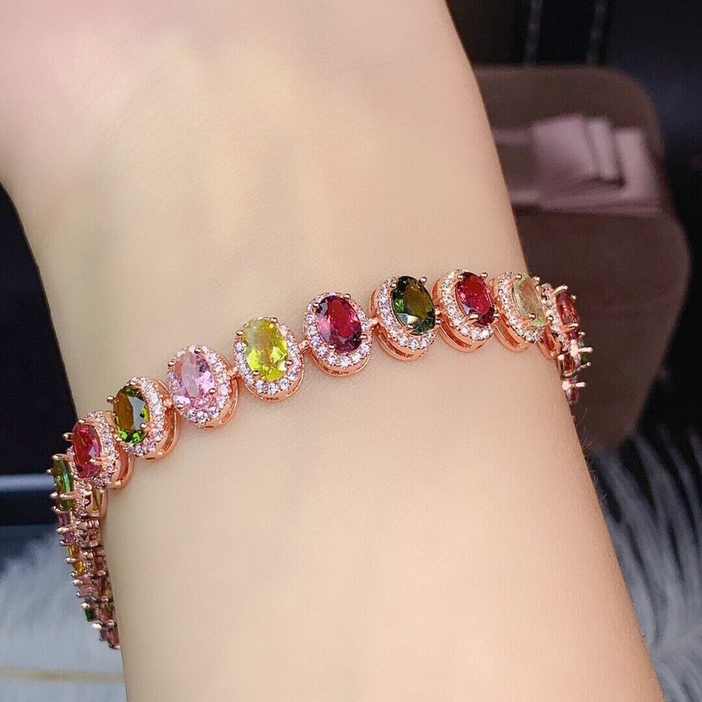 Watermelon Tourmaline 925 Sterling Silver Bracelet, Tourmaline Bracelet CZ
