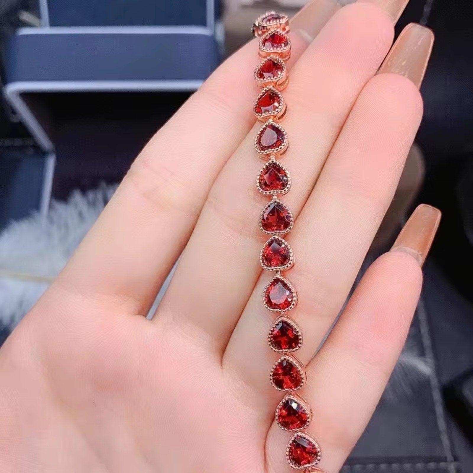 Red Garnet Gemstone Heart Bracelet 5mm 925 Sterling Silver