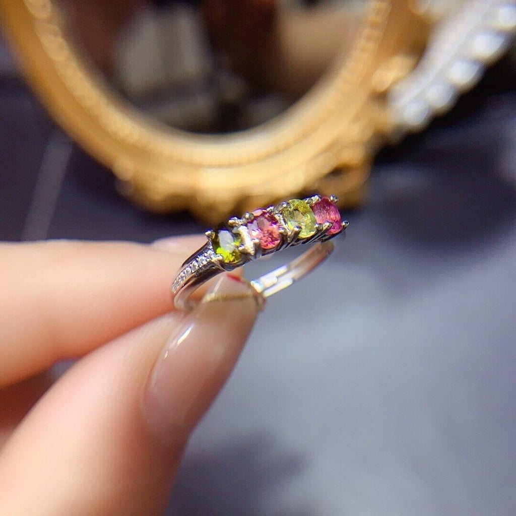 Multicolor Tourmaline Band Ring, Women's Tourmaline Gemstone Ring Silver