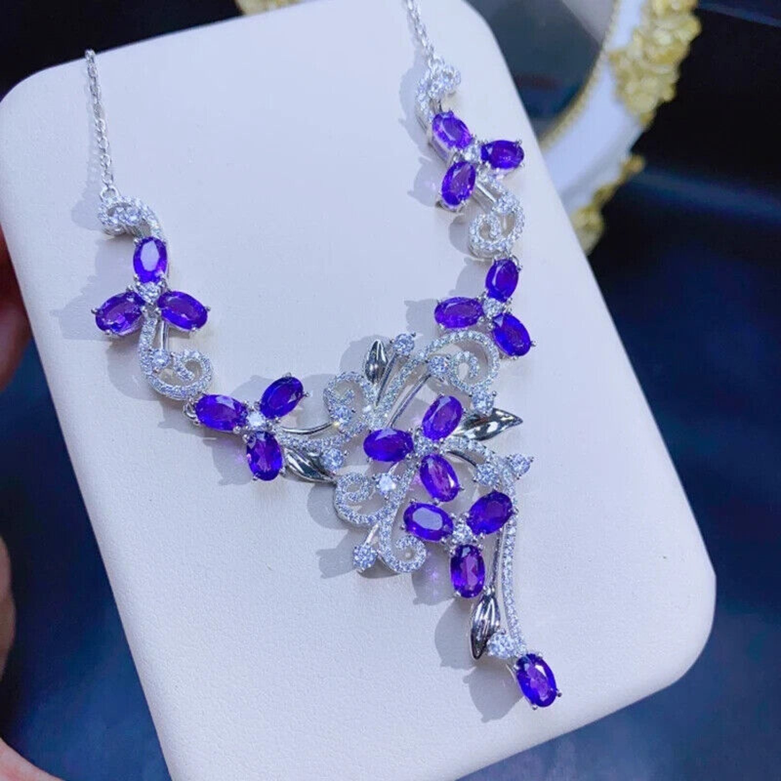 Purple Amethyst Statement Necklace, Amethyst Gemstone Necklace Sterling Silver