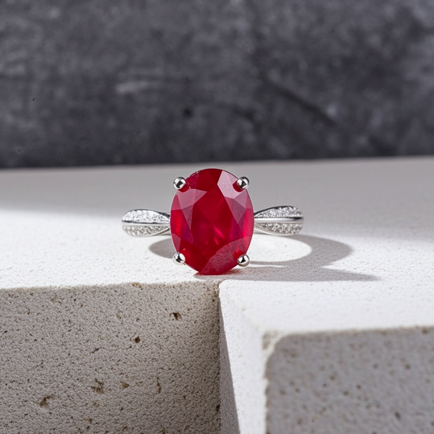 2CT Natural Ruby Ring, Women's Ring Ring Sterling Silver 7x9mm