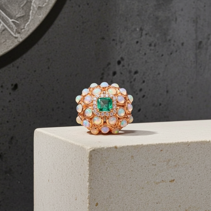 White Opal Fire & Emerald Turkish Ring 5mm