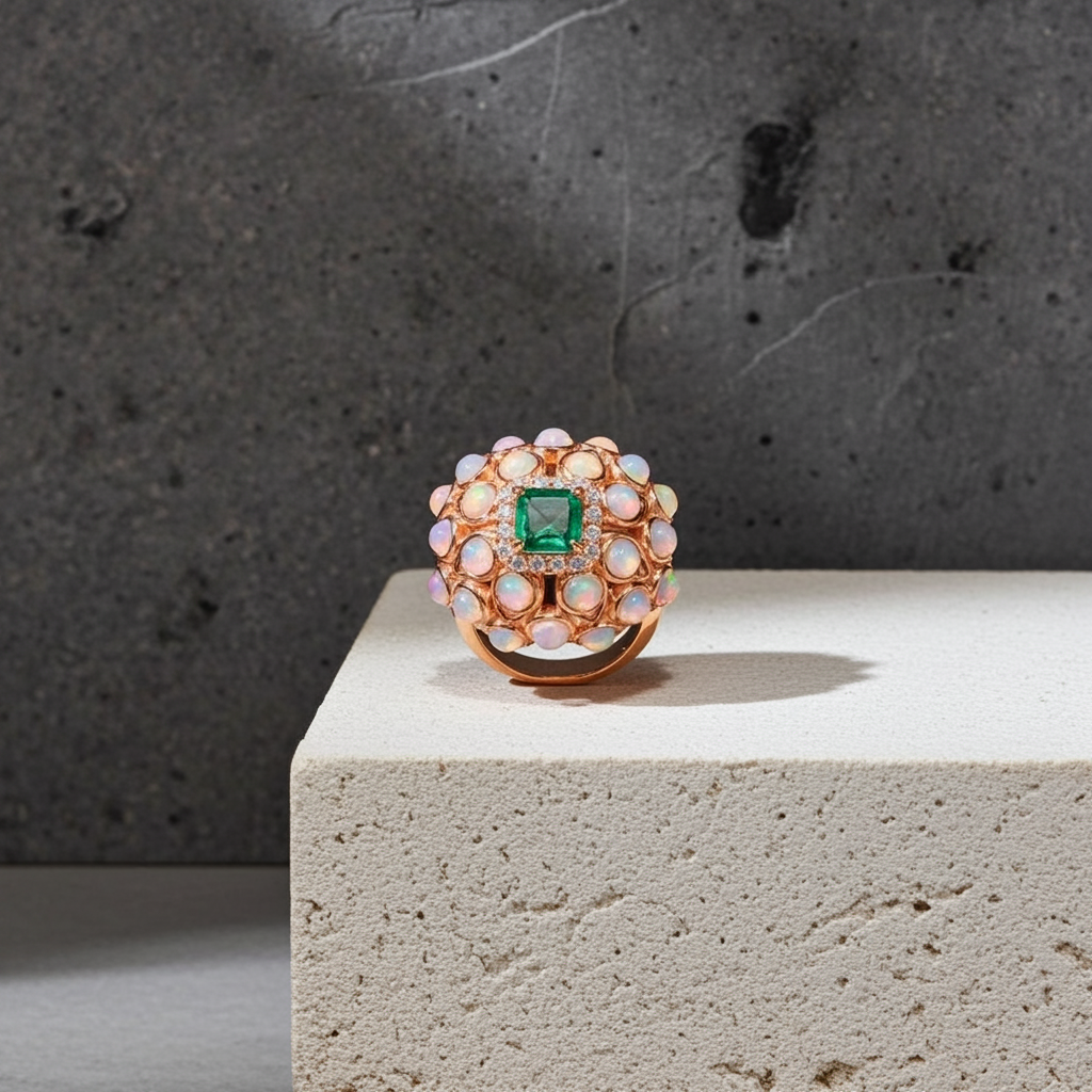 White Opal Fire & Emerald Turkish Ring 5mm