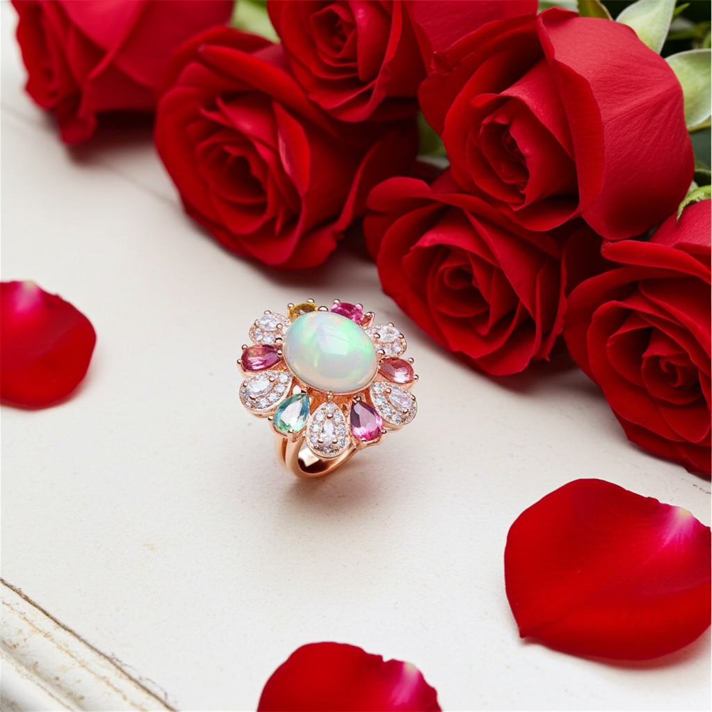 Ruby Sapphire Peridot Topaz and Opal Gemstone Ring
