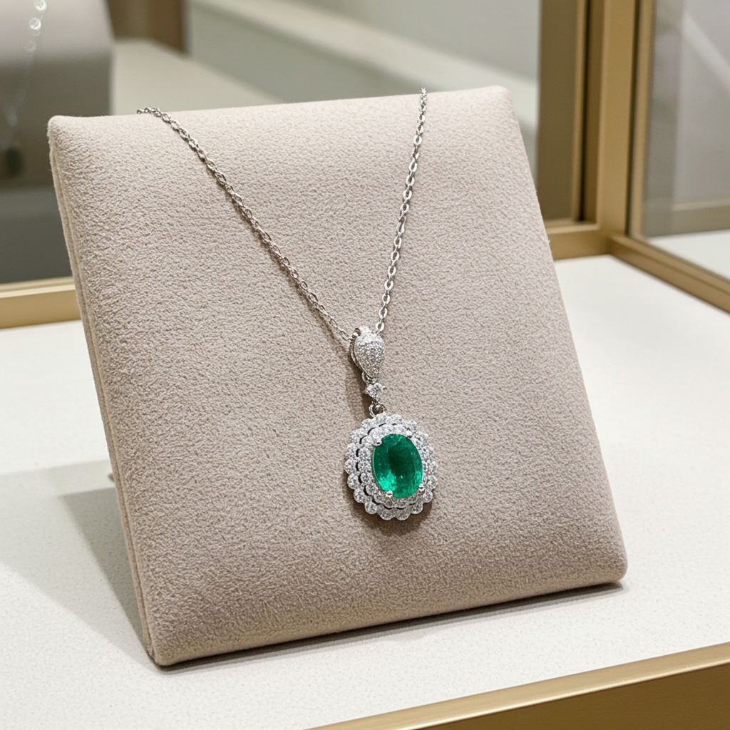 Natural Emerald Pendant Necklace with CZ 6x8mm