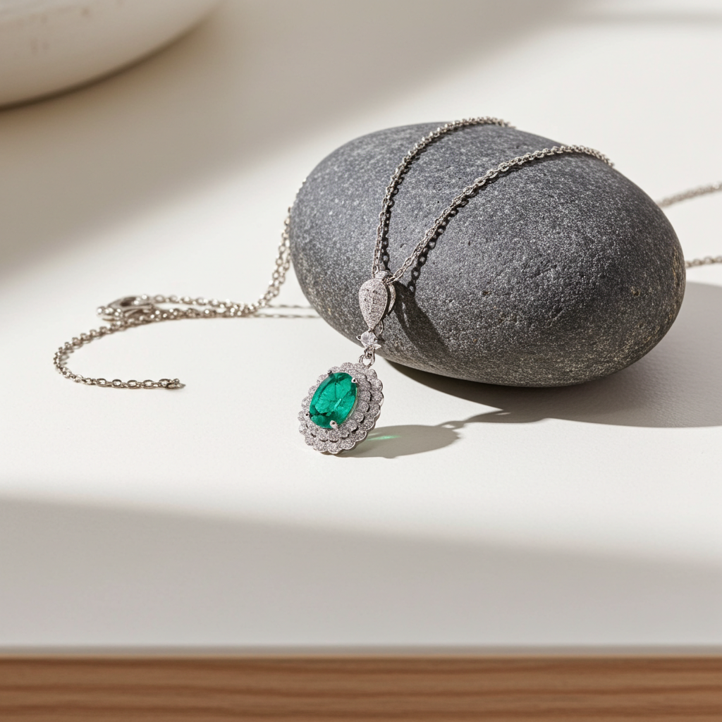 Natural Emerald Pendant Necklace with CZ 6x8mm