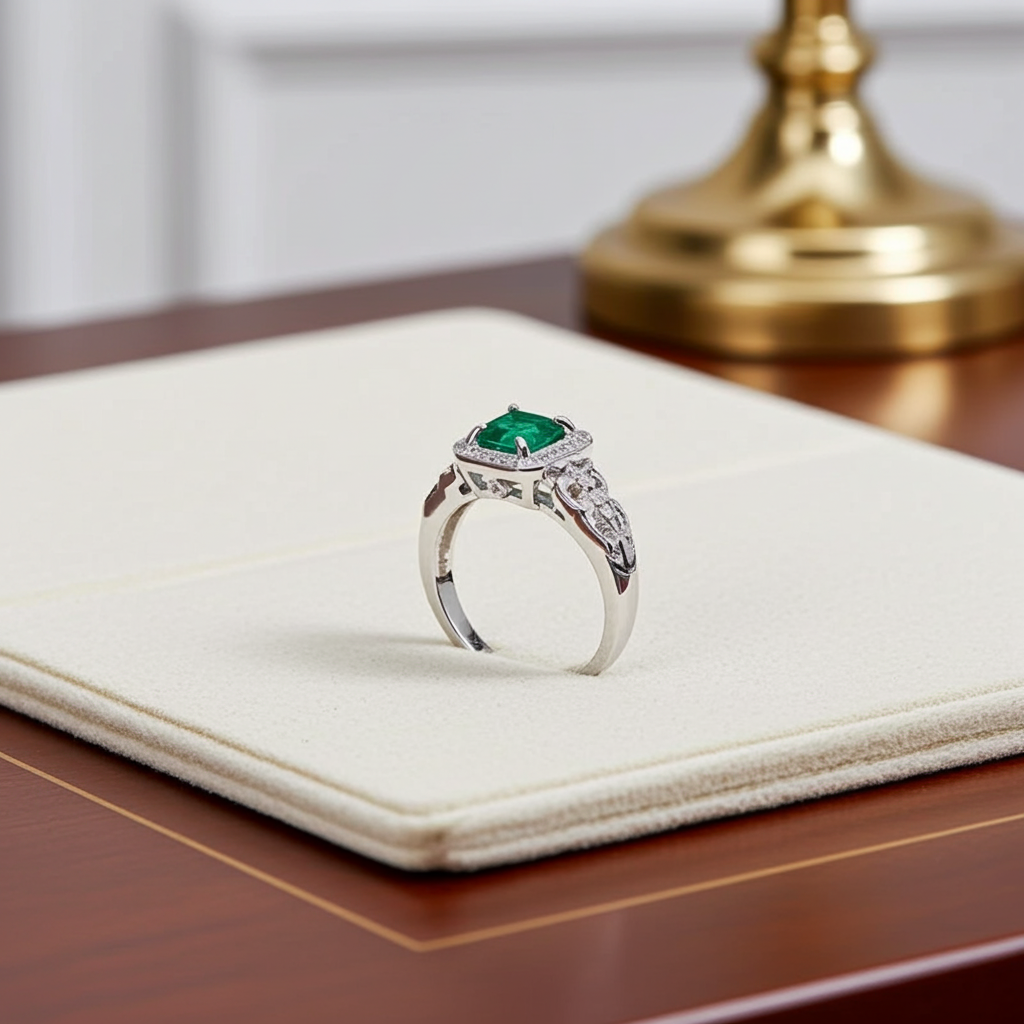 Natural Colombian Emerald Gemstone Ring 7mm Platinum Plated 925 Silver