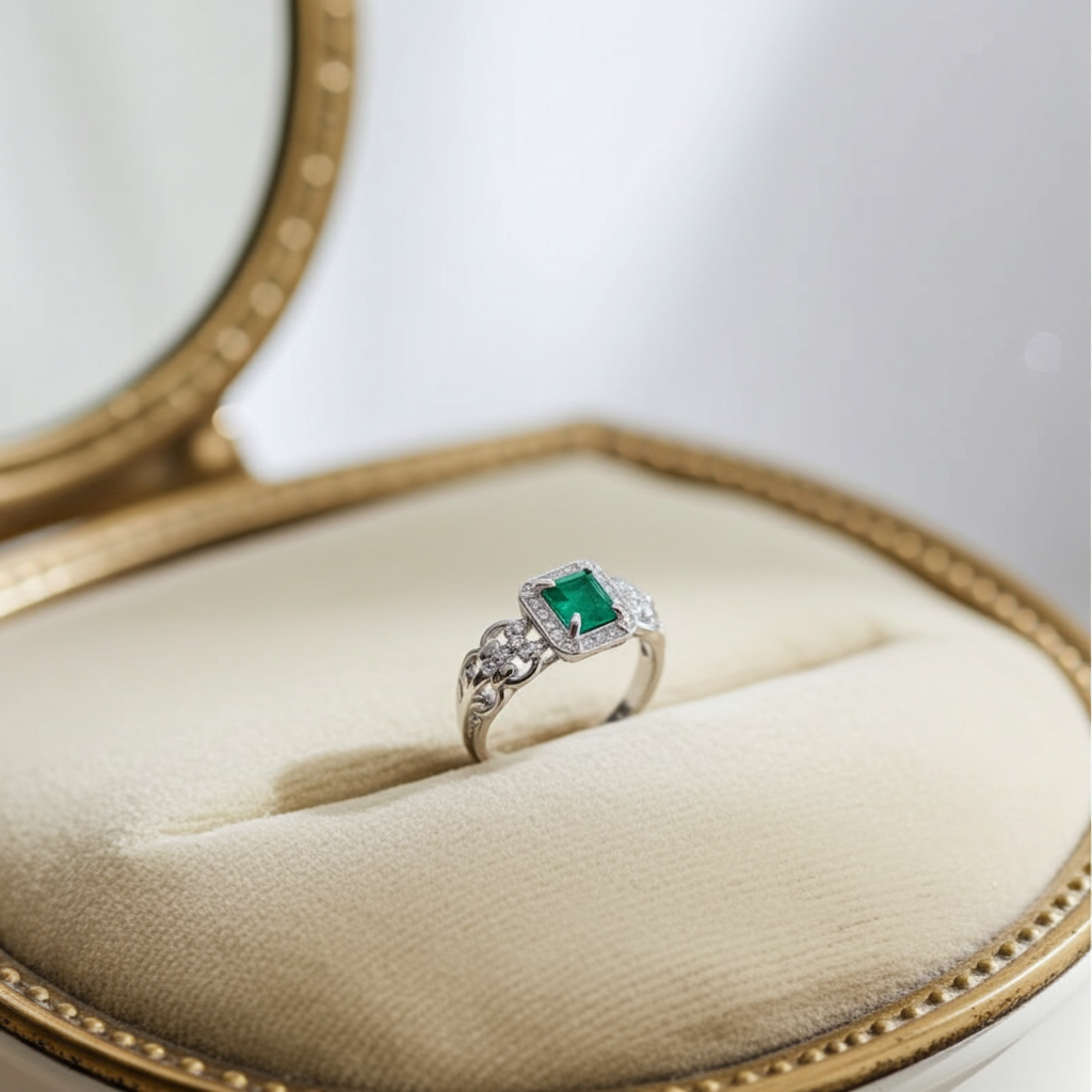 Natural Colombian Emerald Gemstone Ring 7mm Platinum Plated 925 Silver