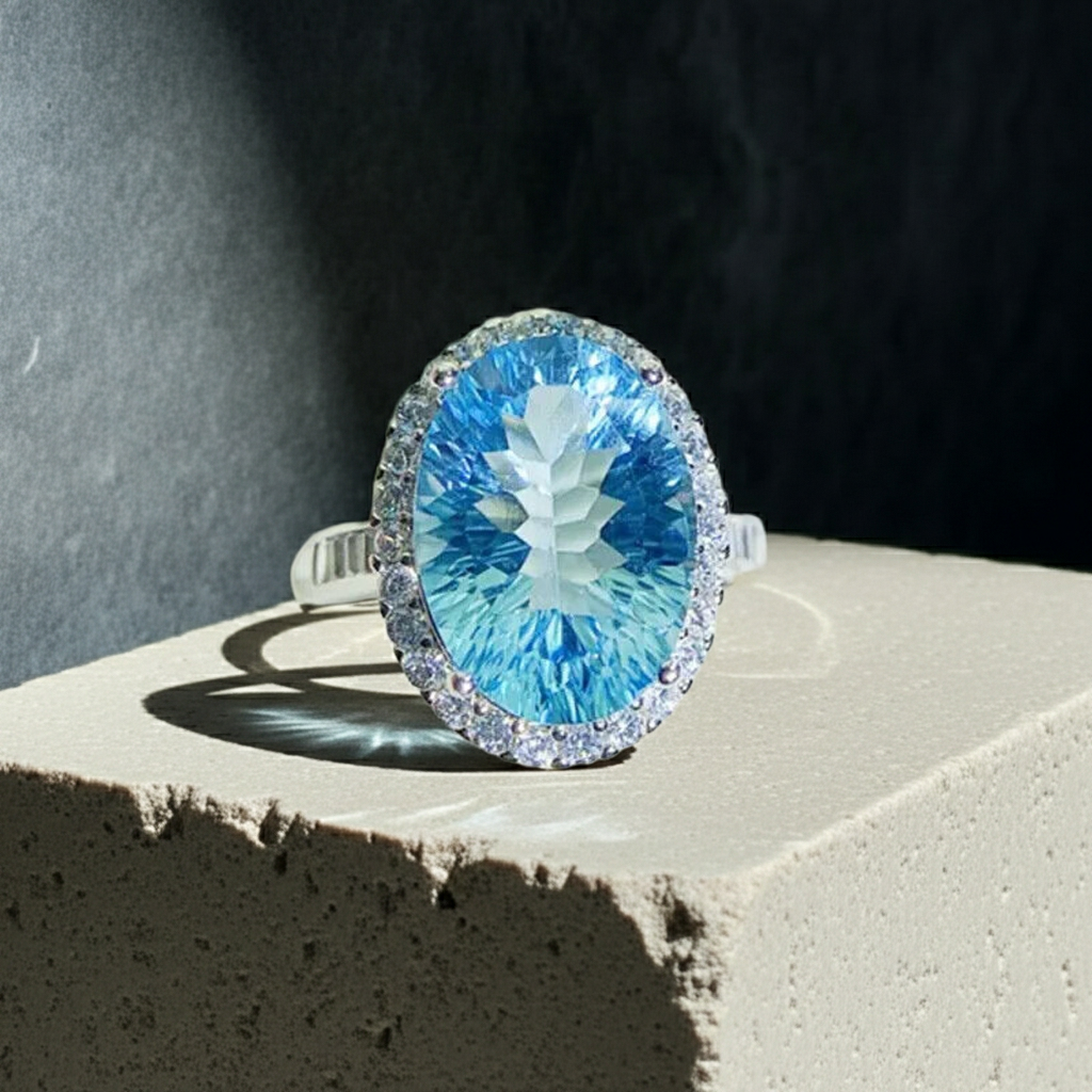 Swiss Blue Topaz Gemstone Ring 10x14mm 9CT