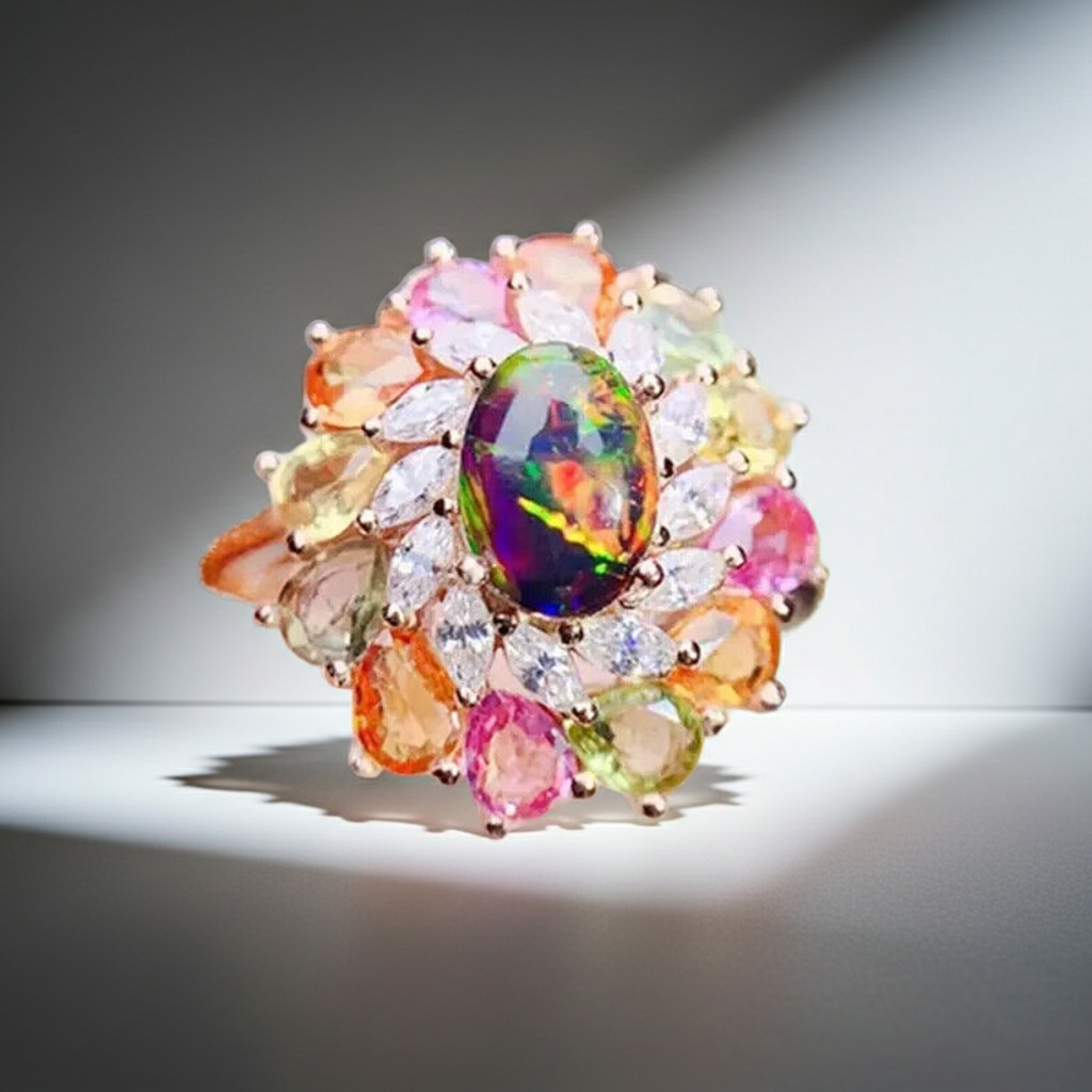 Black Fire Opal and Sapphire Cluster Statement Ring 925 Sterling Silver