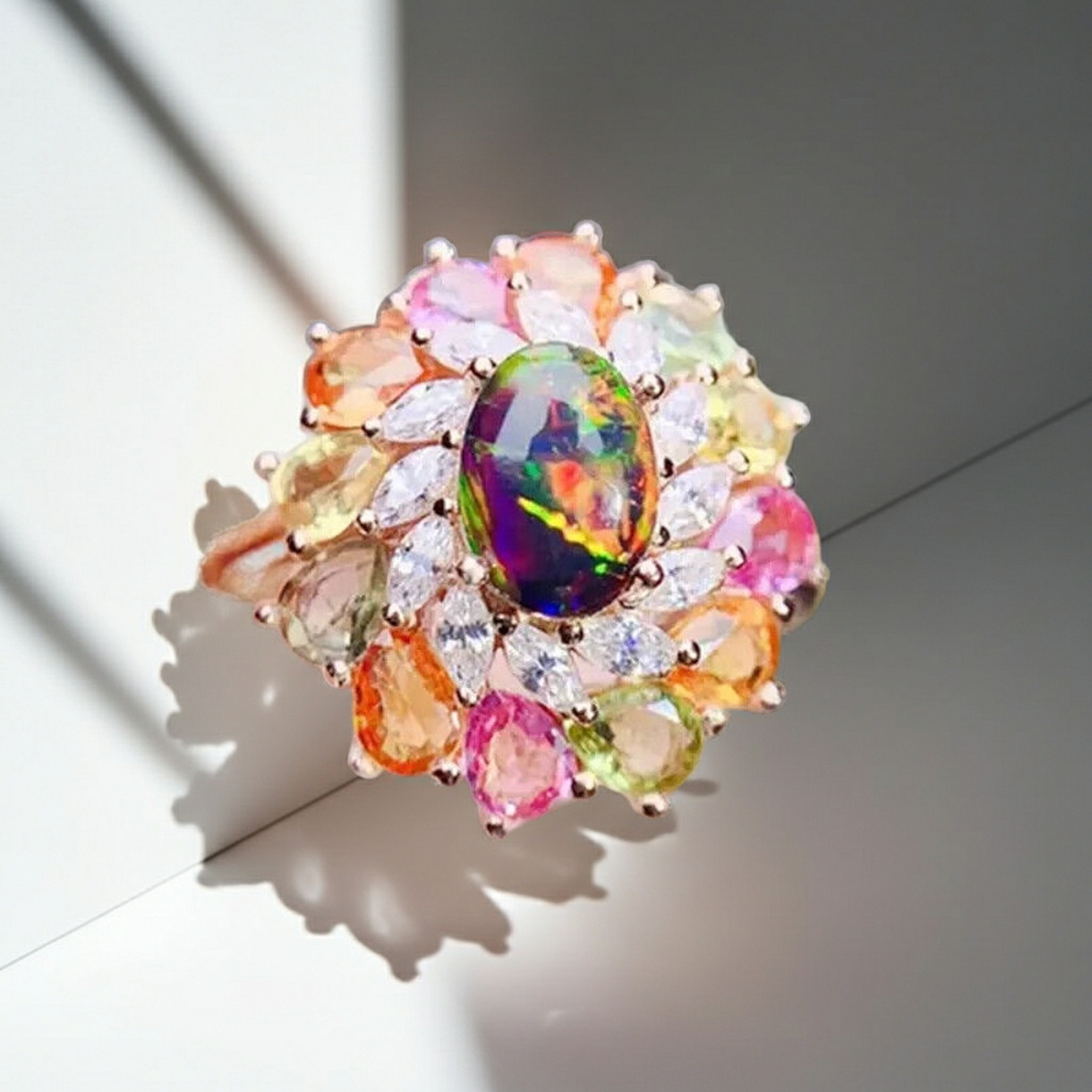 Black Fire Opal and Sapphire Cluster Statement Ring 925 Sterling Silver