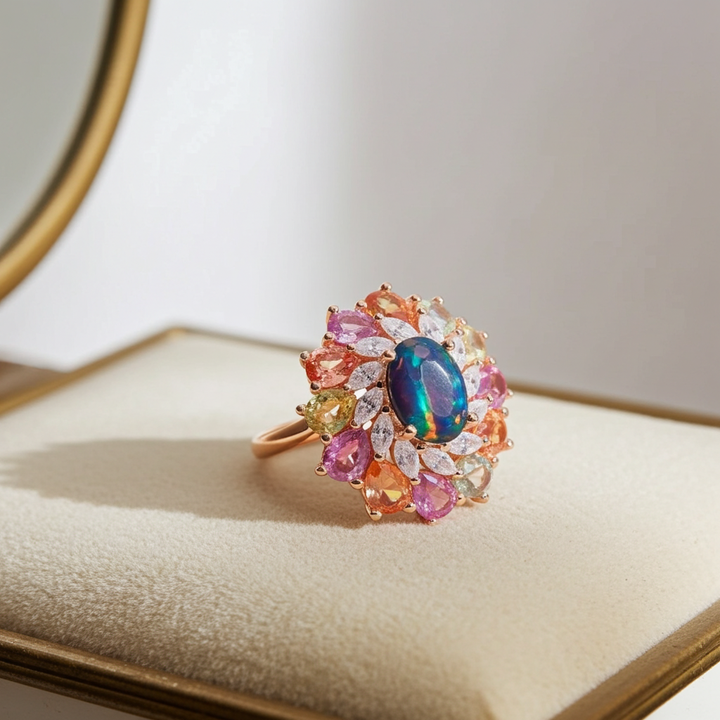 Black Fire Opal and Sapphire Cluster Statement Ring 925 Sterling Silver