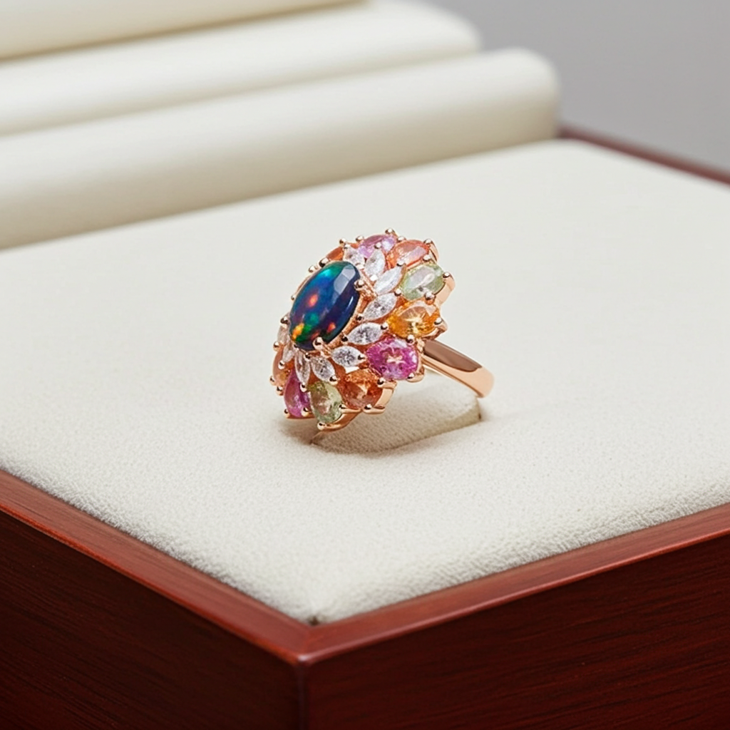 Black Fire Opal and Sapphire Cluster Statement Ring 925 Sterling Silver