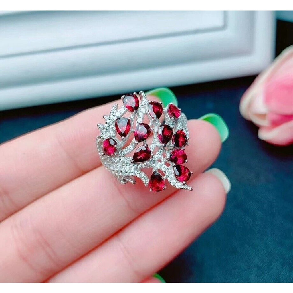 Red Garnet Full Finger Statement Ring, Natural Red Garnet Cluster Ring