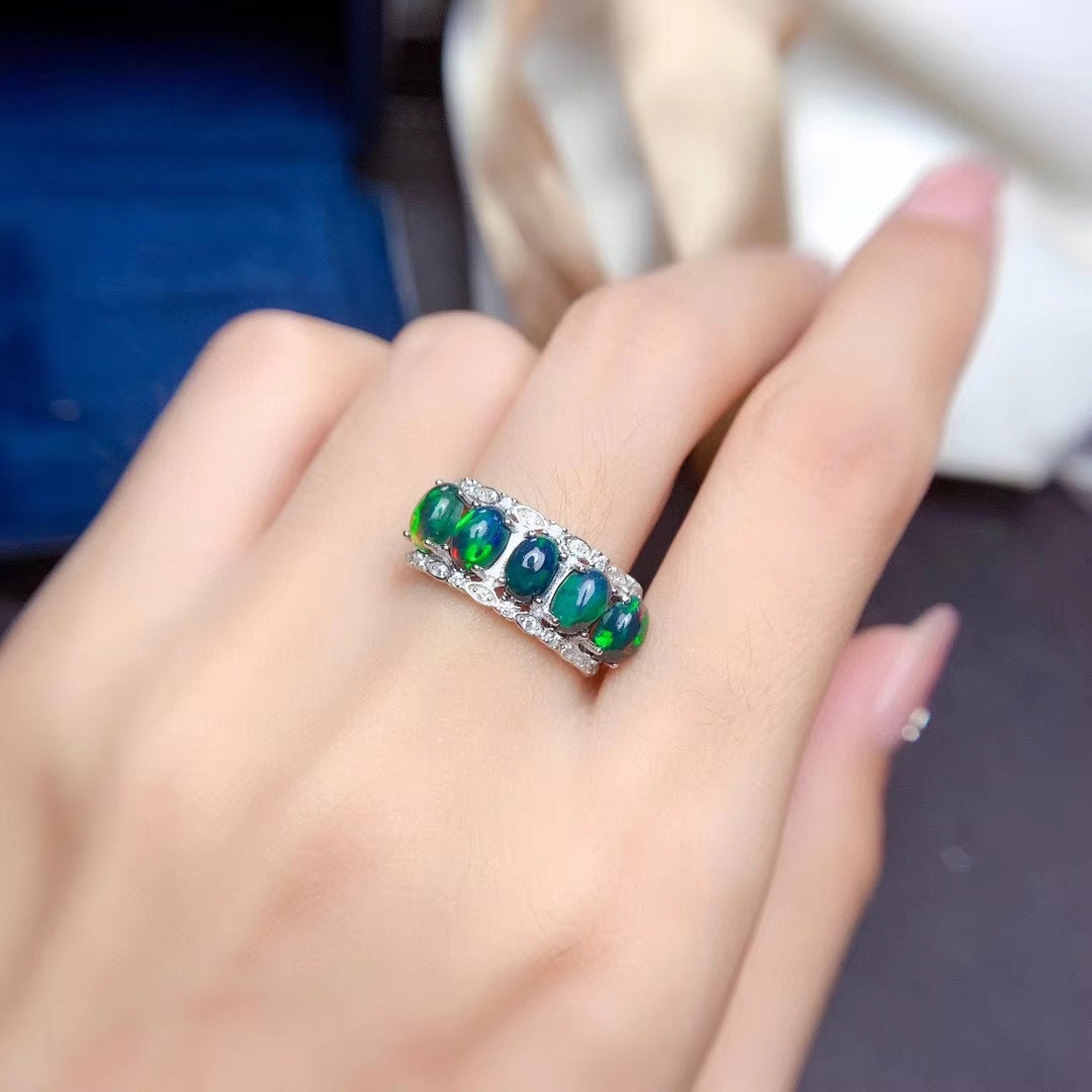 Black Opal Band Ring, Australian Fire Opal Statement Ring Sterling Silver