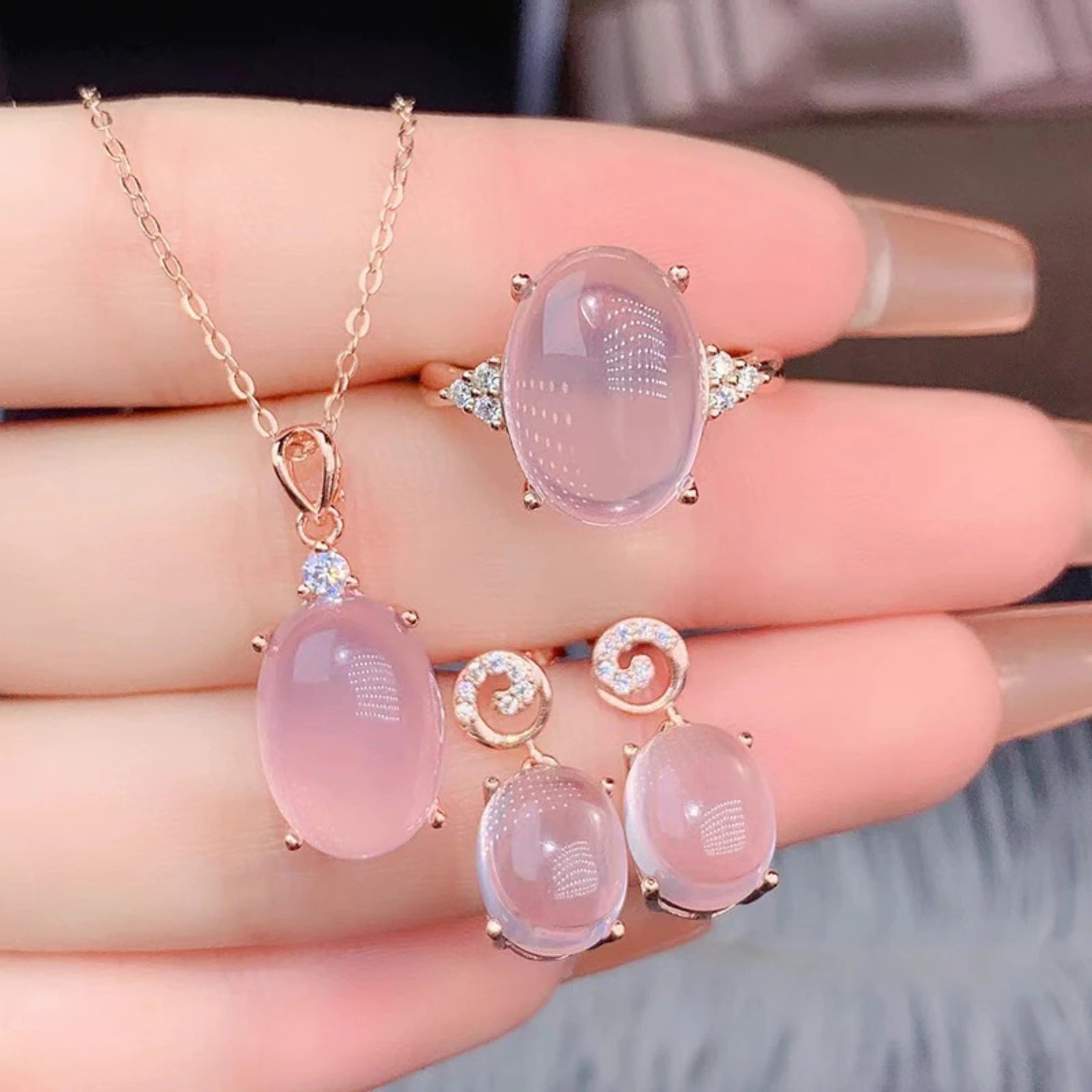 Rose Quartz Jewelry Gift Box Set, Rose Quartz Necklace, Ring, and Pendant Set