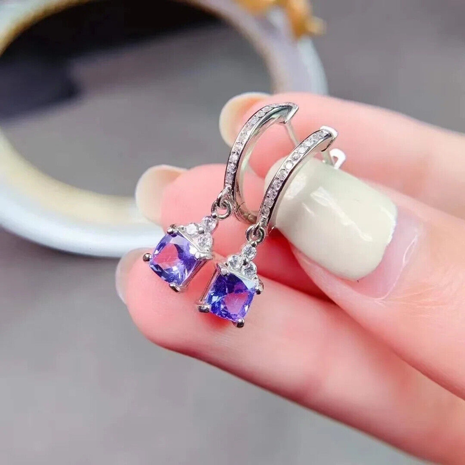 Natural Purple Tanzanite Hoop Earrings – 925 Sterling Silver Dangle Earrings
