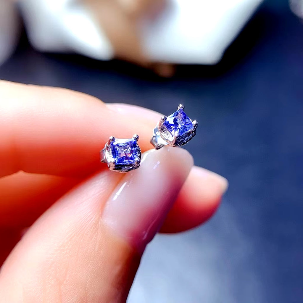 Natural Tanzanite Stud Earrings, Purple Tanzanite Earrings Sterling Silver