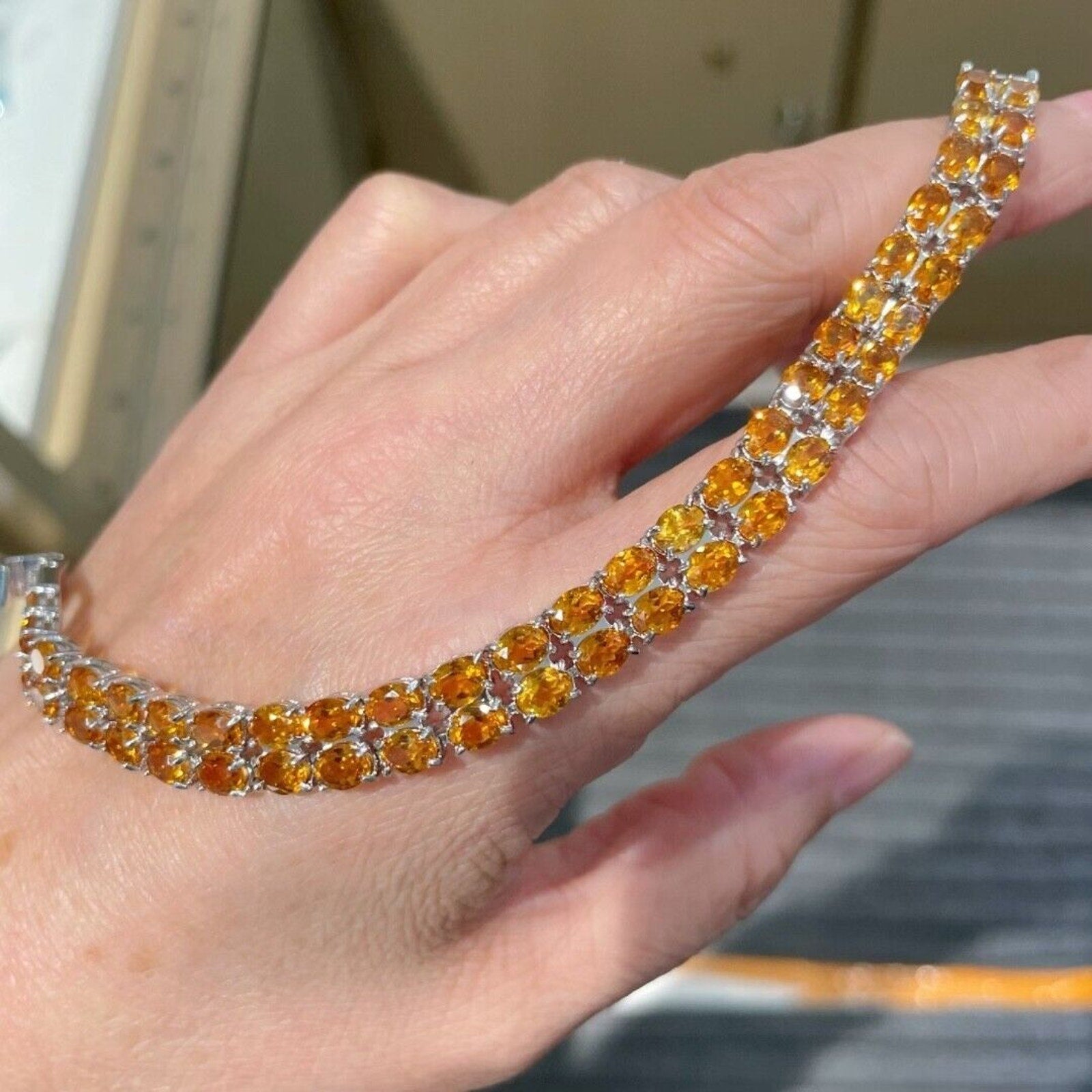 Double Layer Natural Citrine Tennis Bracelet 925 Sterling Silver
