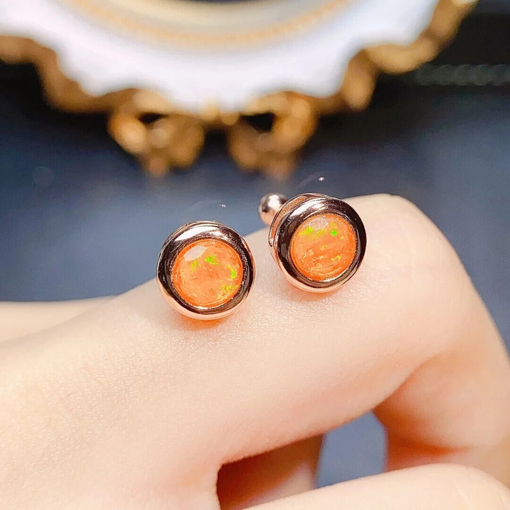 Orange Fire Opal Bezel Setting Stud Earrings 5mm, Orange Fire Opal Earrings