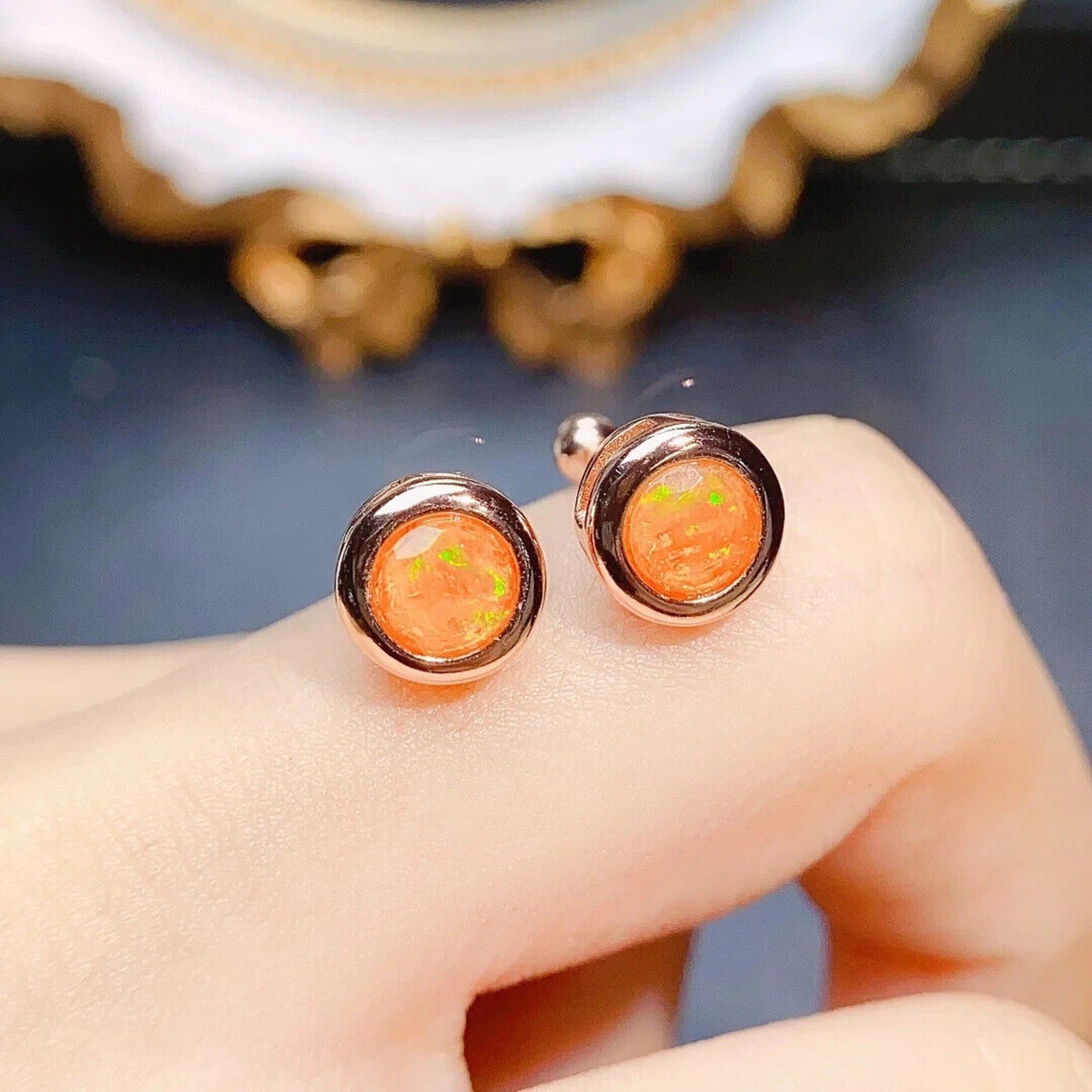 Orange Fire Opal Bezel Setting Stud Earrings 5mm, Orange Fire Opal Earrings