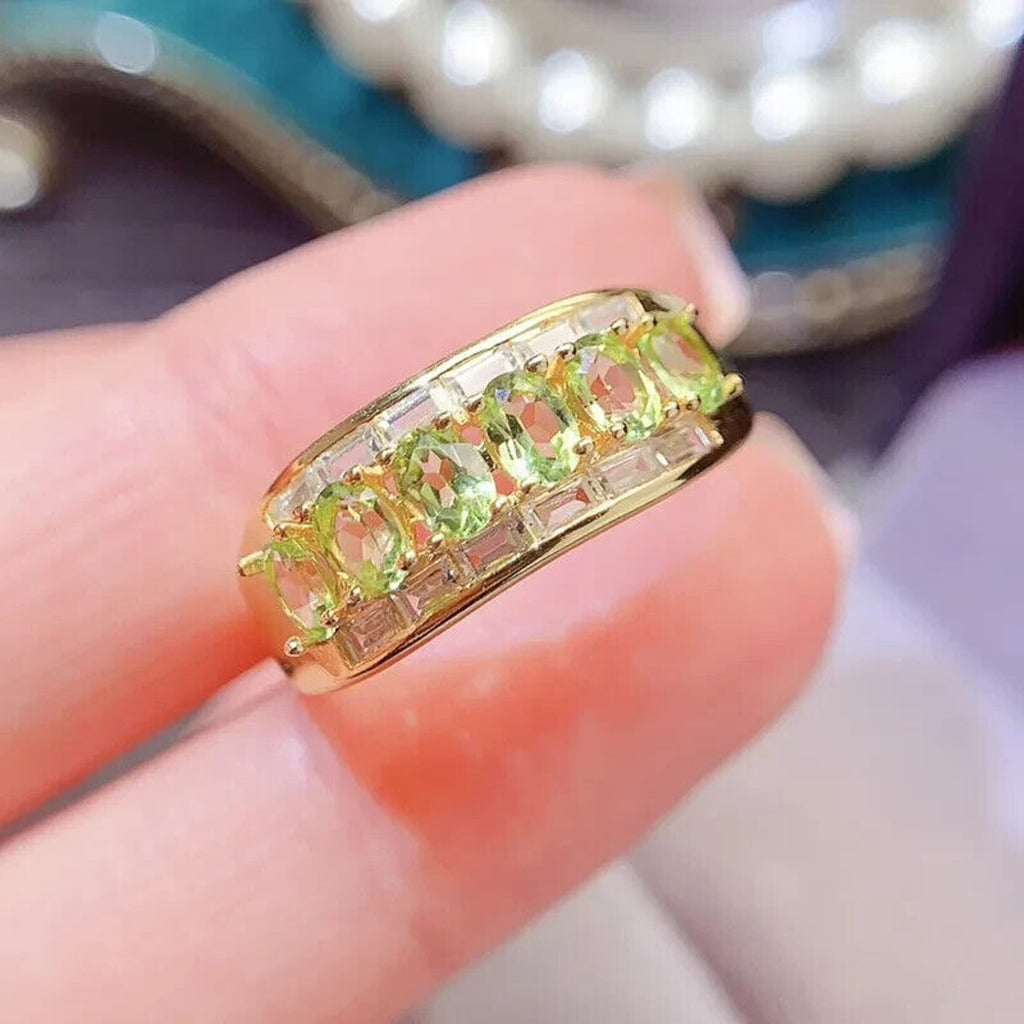 Natural Peridot Gemstone Band Ring 3x4mm, August Birthstone Peridot Ring