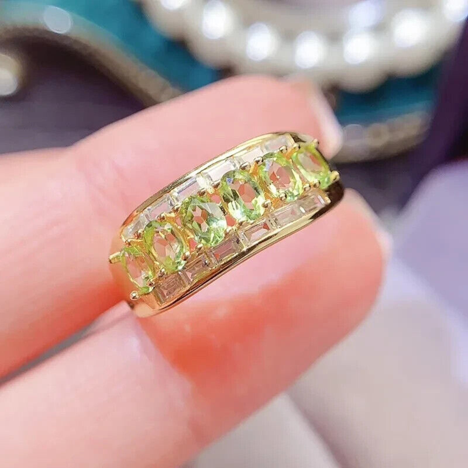 Natural Peridot Gemstone Band Ring 3x4mm, August Birthstone Peridot Ring