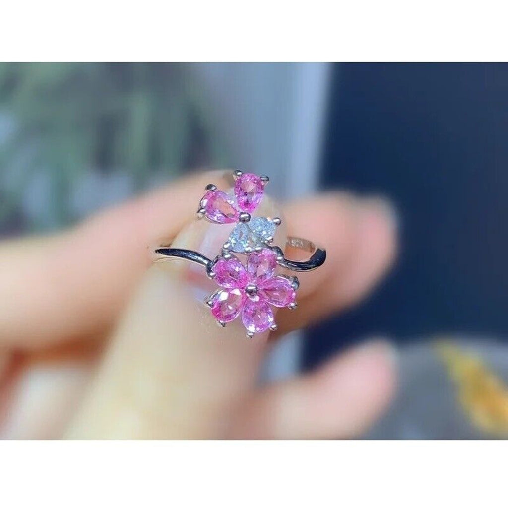 Pink Sapphire Gemstone Flower Ring 925 Sterling Silver