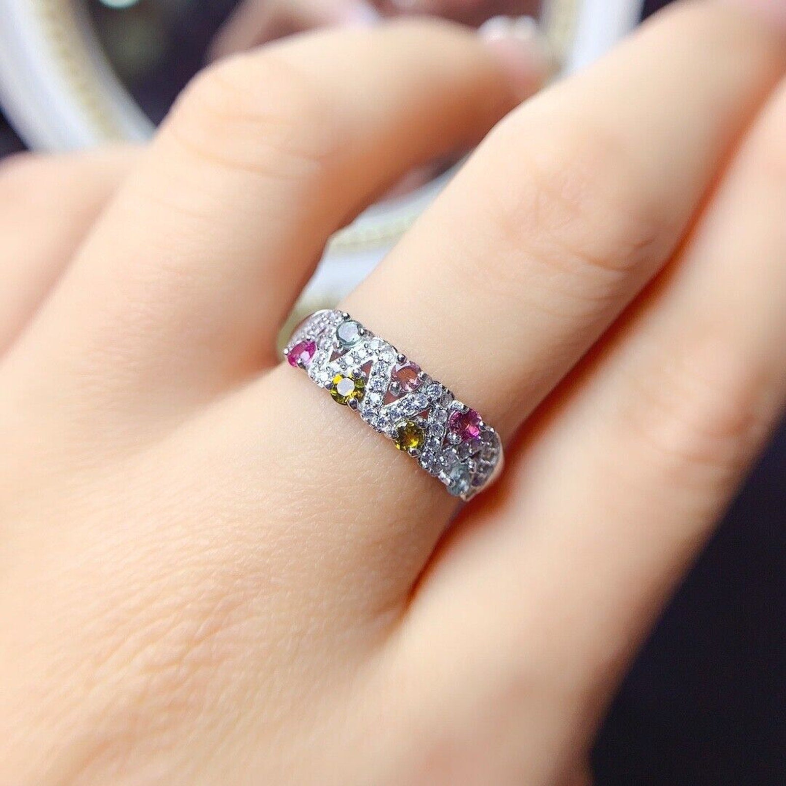 Natural Tourmaline Gemstone Band Ring, Women's Multicolor Tourmaline Ring