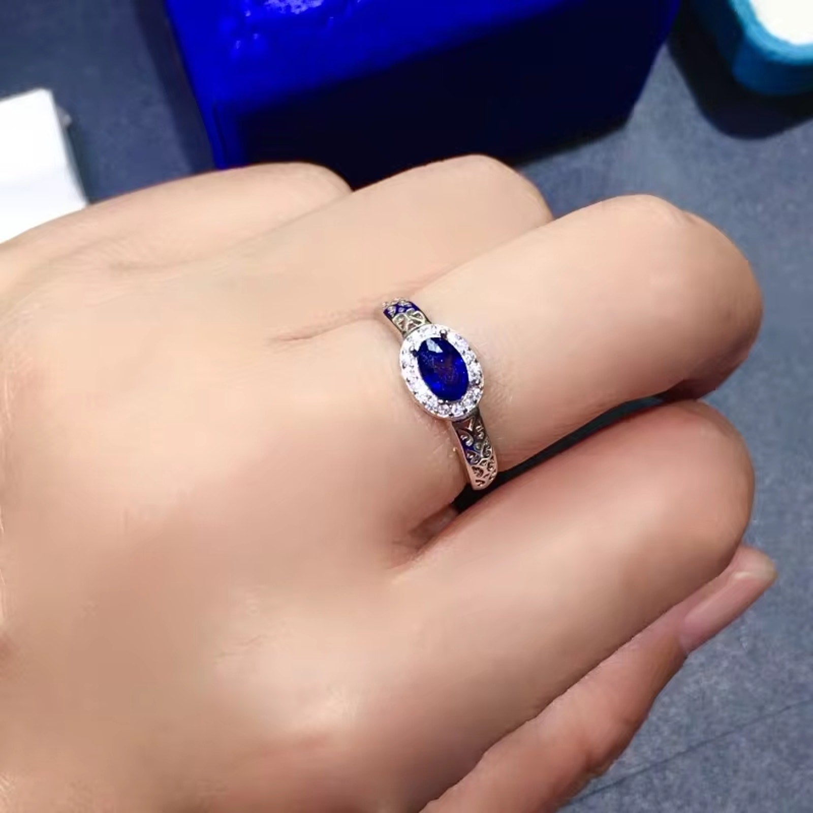 Mens Natural Sapphire Band Ring 4x6mm, Sterling Silver Mens Sapphire Ring