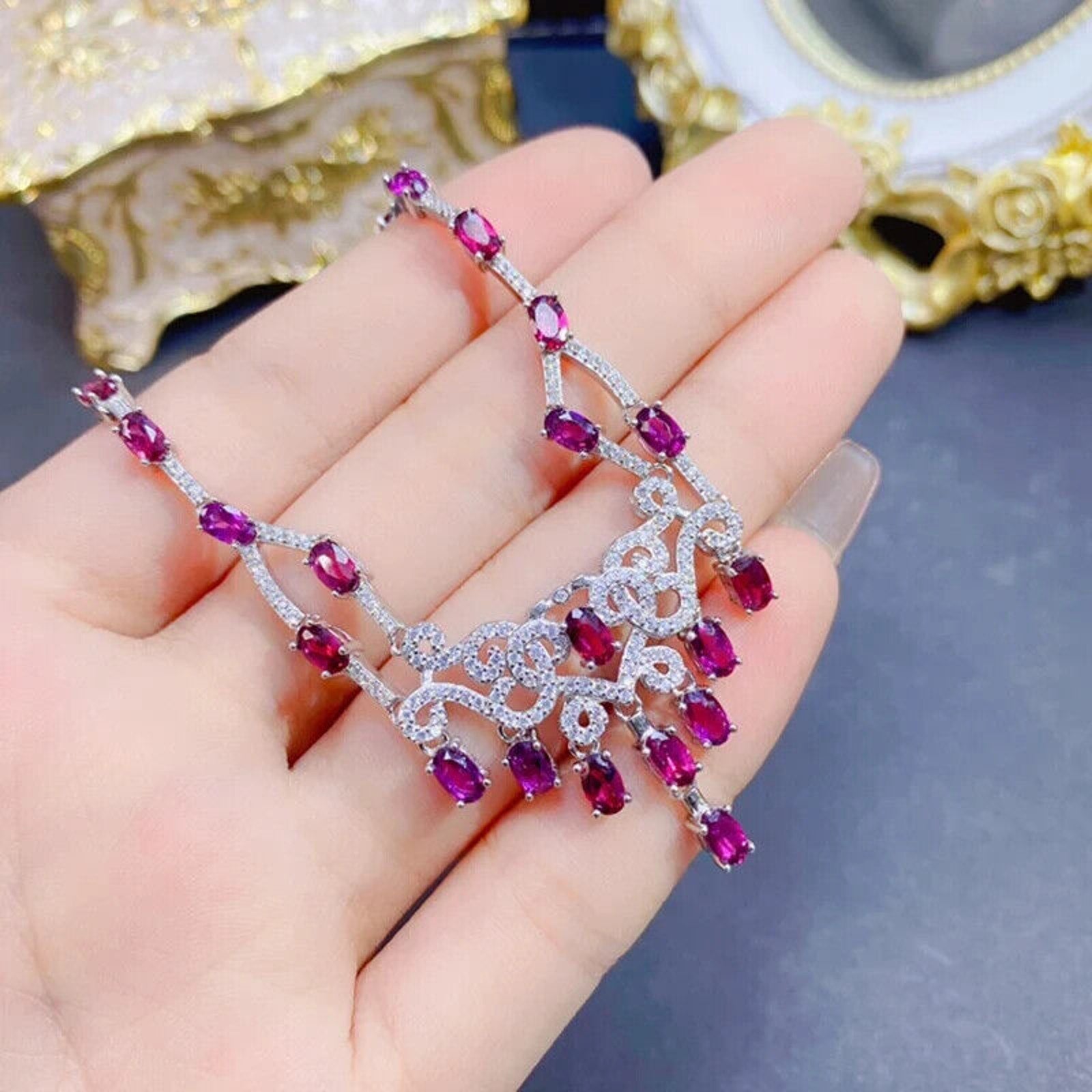 Pink Garnet Statement Necklace, Natural Garnet Gemstone Necklace 925 Sterling