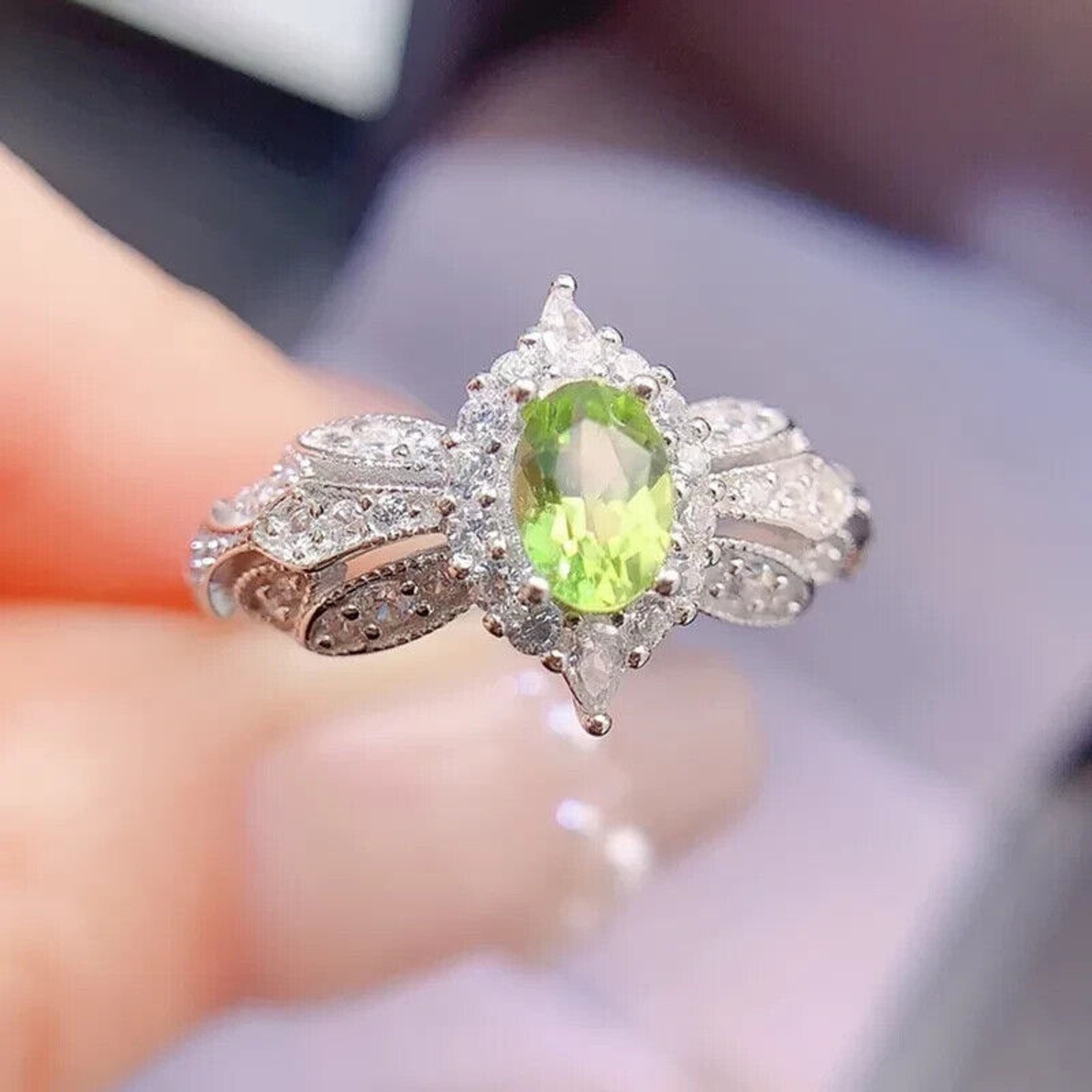 Natural Peridot Gemstone Ring 4x6mm, August Birthstone Peridot Ring Sterling