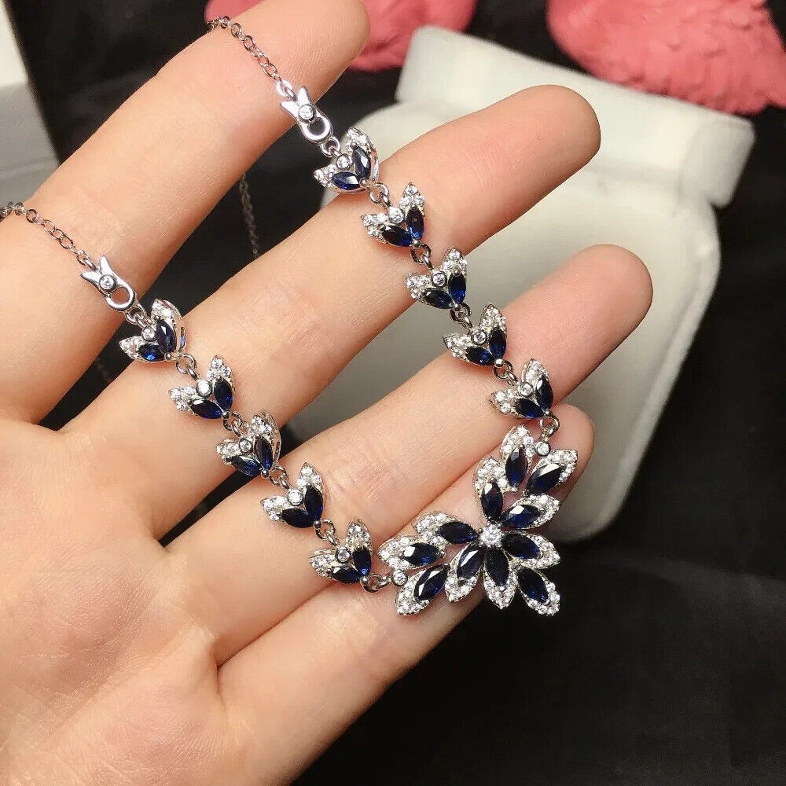 Natural Blue Sapphire Necklace, Sapphire Statement Necklace Blue Sapphire 925