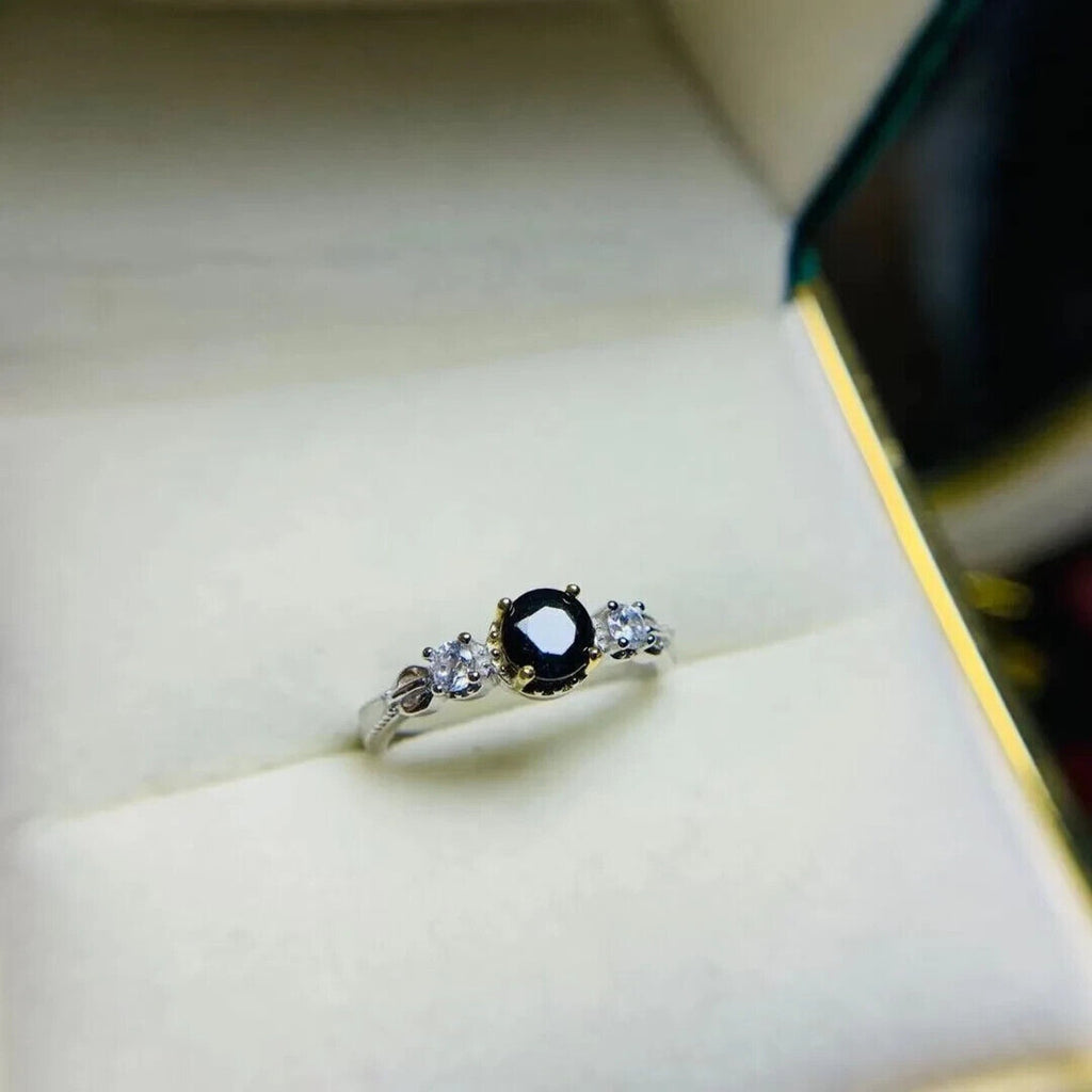 Natural Sapphire Cocktail Ring 6mm 925 Sterling Silver, Dark Blue Sapphire Ring