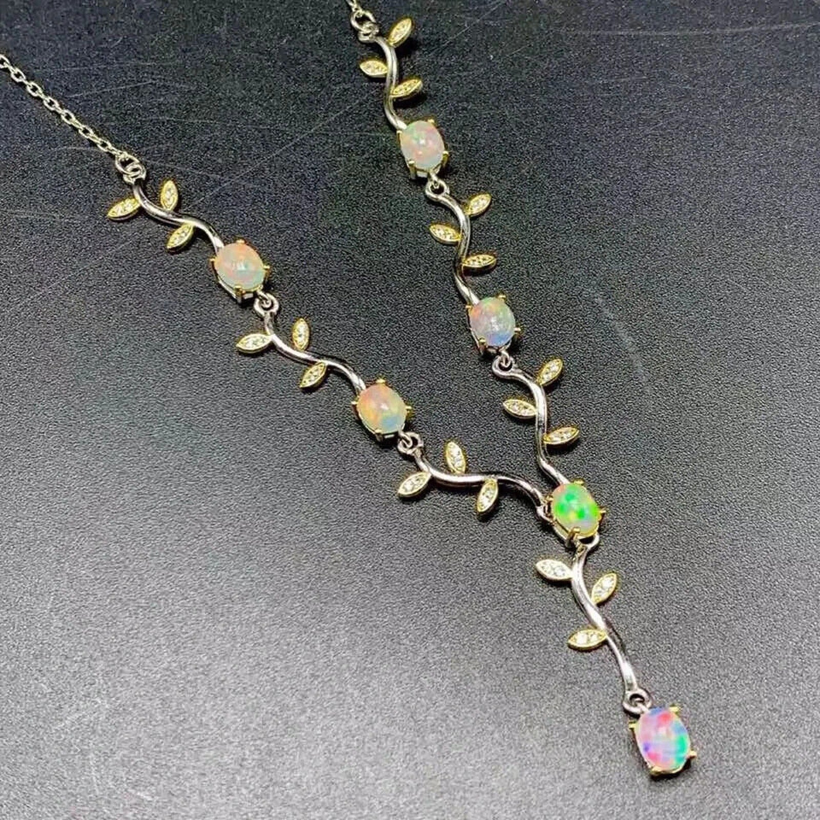 Fire Opal Leaf Dangle Necklace, Dainty Fire Opal Leaflet Dangle Necklace