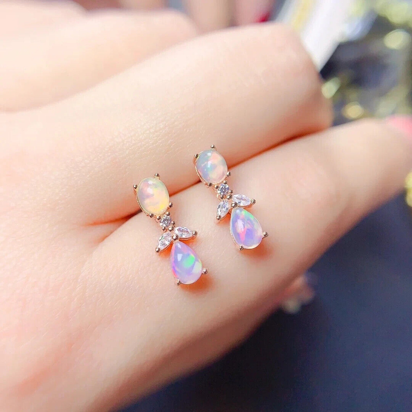 Elegant Opal Stud Earrings, Natural Fire Opal Drop Earrings 4x6mm