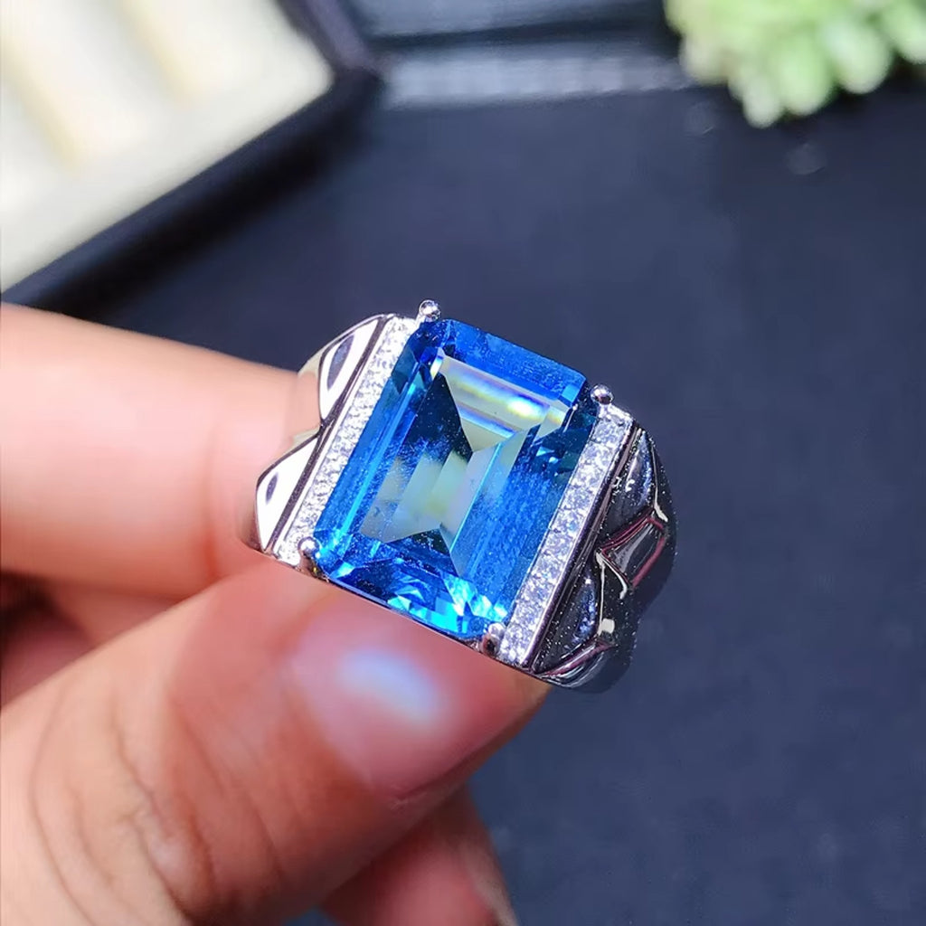 Mens Emerald Cut Blue Topaz Ring 925 Sterling Silver VVS Grade 10x14mm