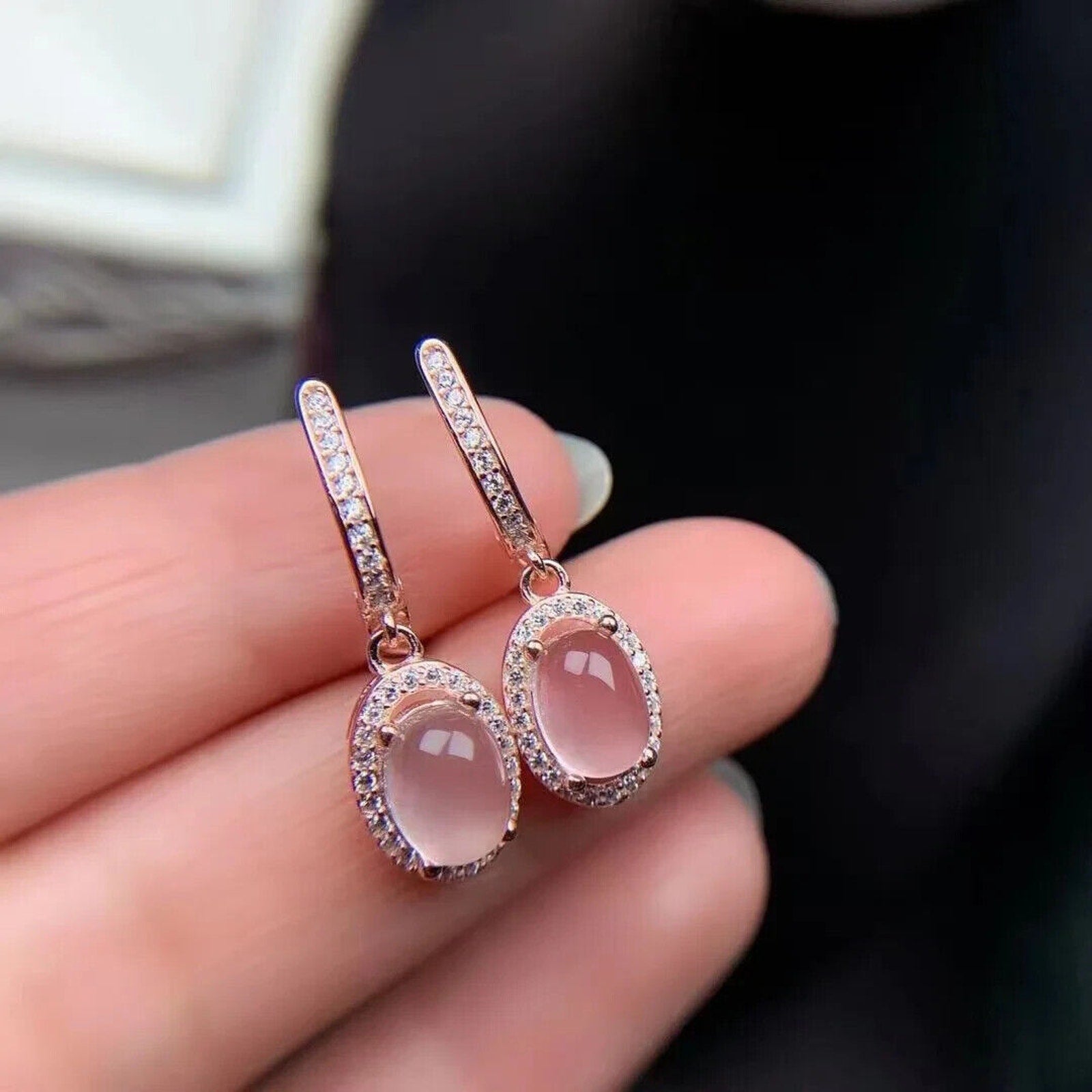 Natural Pink Rose Quartz Dangle Earrings, Sterling Silver Rose Quartz Earrings