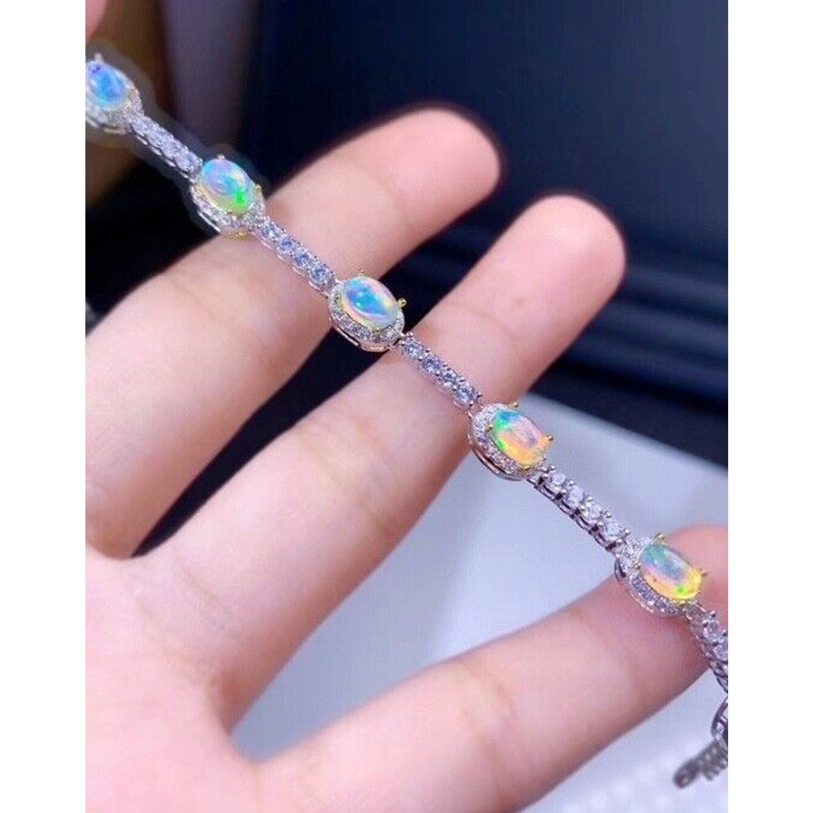 Australian White Opal Tennis Bracelet, White Opal Tennis Bracelet Sterling