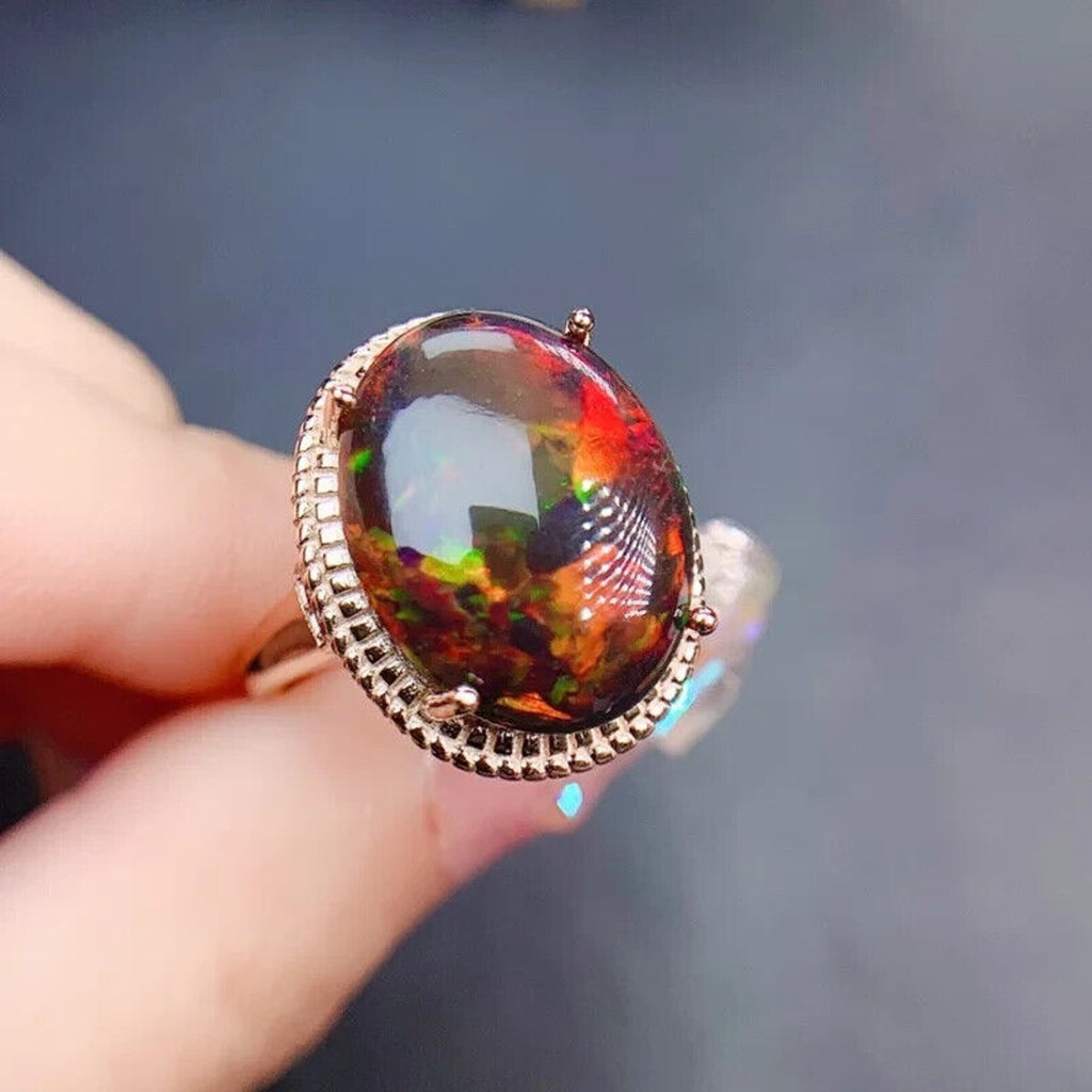 Huge Black Fire Opal Statement Ring 12x16mm, Natural Fire Opal Ring 925 Sterling