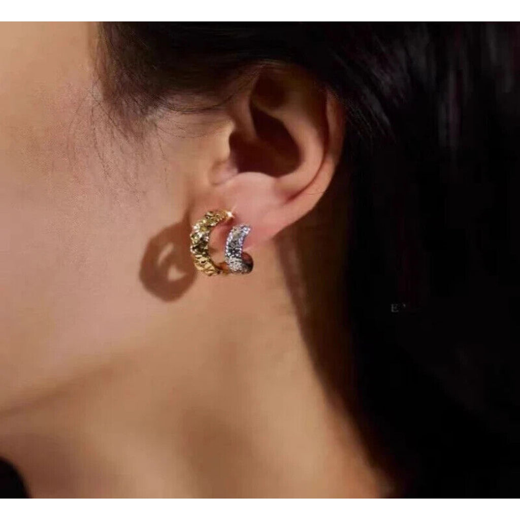 18k Yellow and White Gold Textured Cuff Earrings, Solid Gold Hoop Stud Earrings