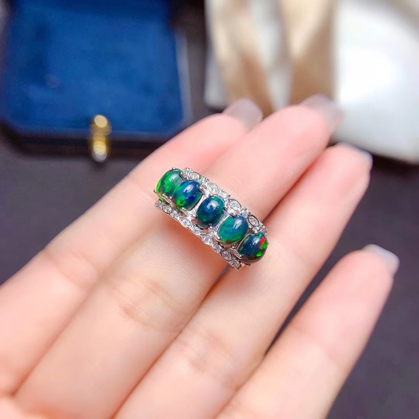 Black Opal Band Ring, Australian Fire Opal Statement Ring Sterling Silver