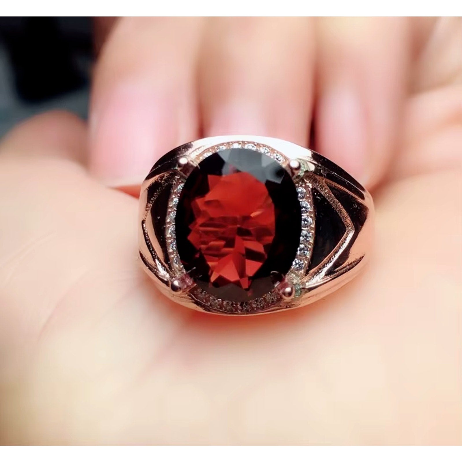 4CT Mens Garnet Ring 925 Sterling Silver 9x11mm, Red Garnet Ring For Men