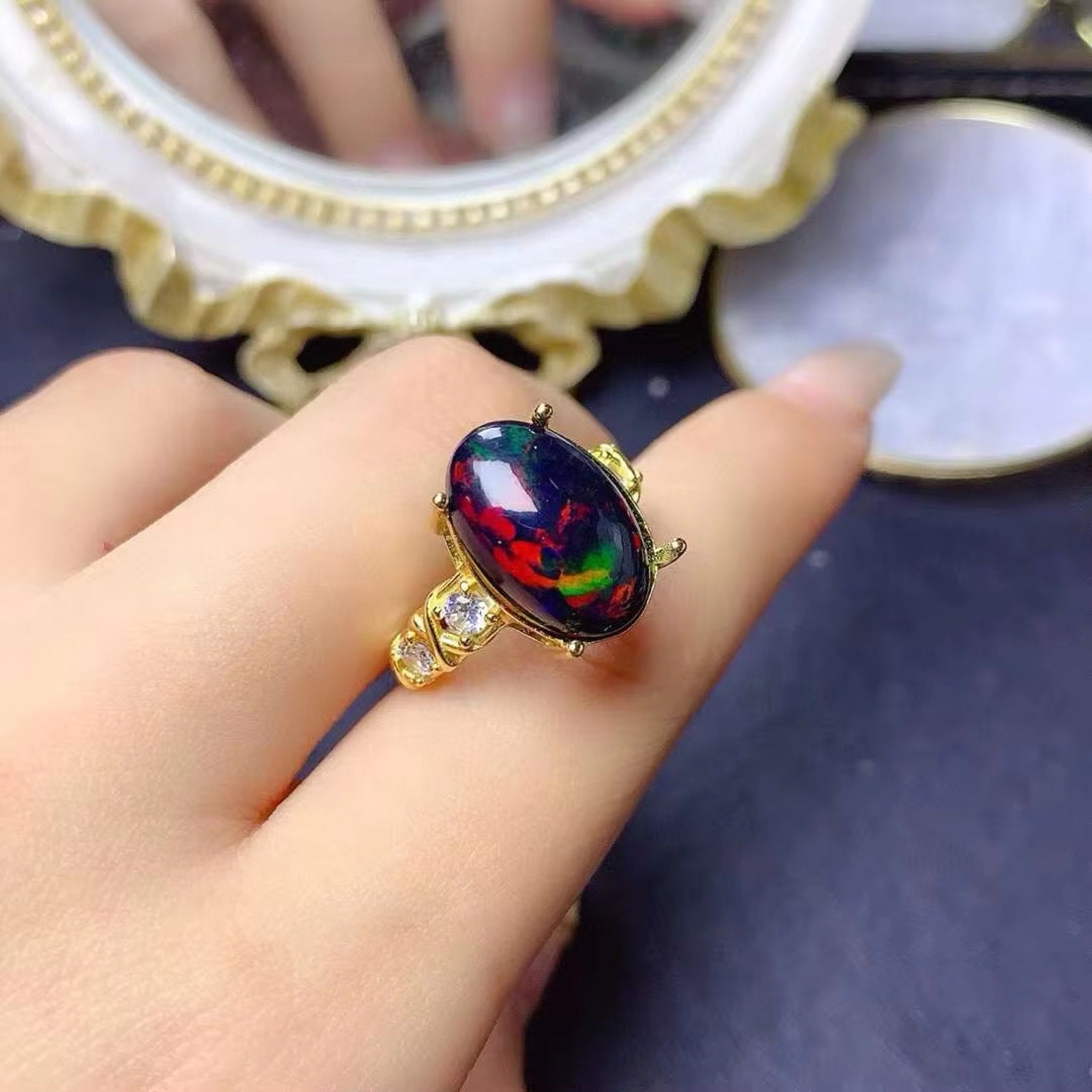 Black Opal Statement Ring, Australian Fire Opal Ring Sterling Silver 10x14mm