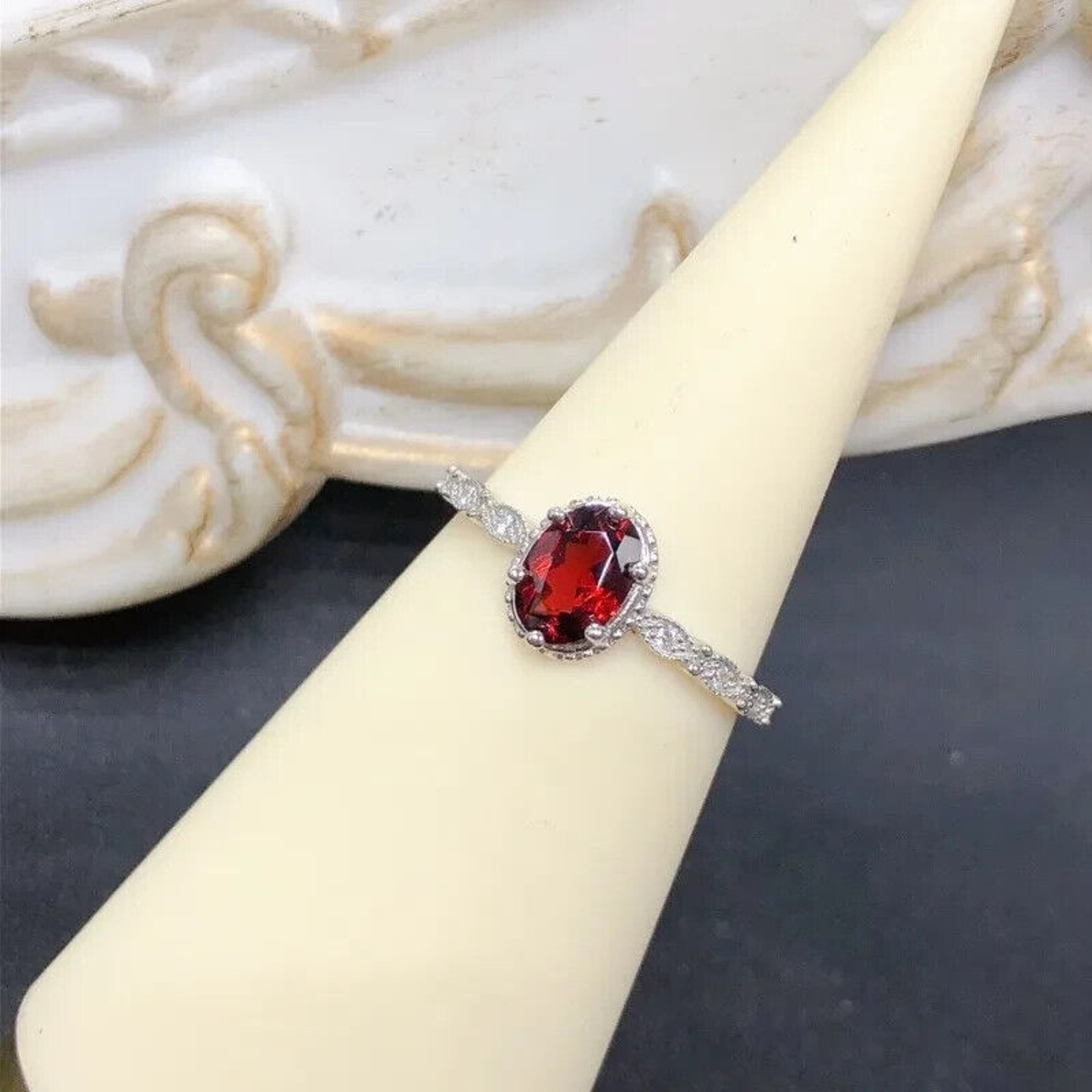 Dainty Red Garnet Cocktail Ring 5x7mm Platinum Plated 925 Sterling Silver