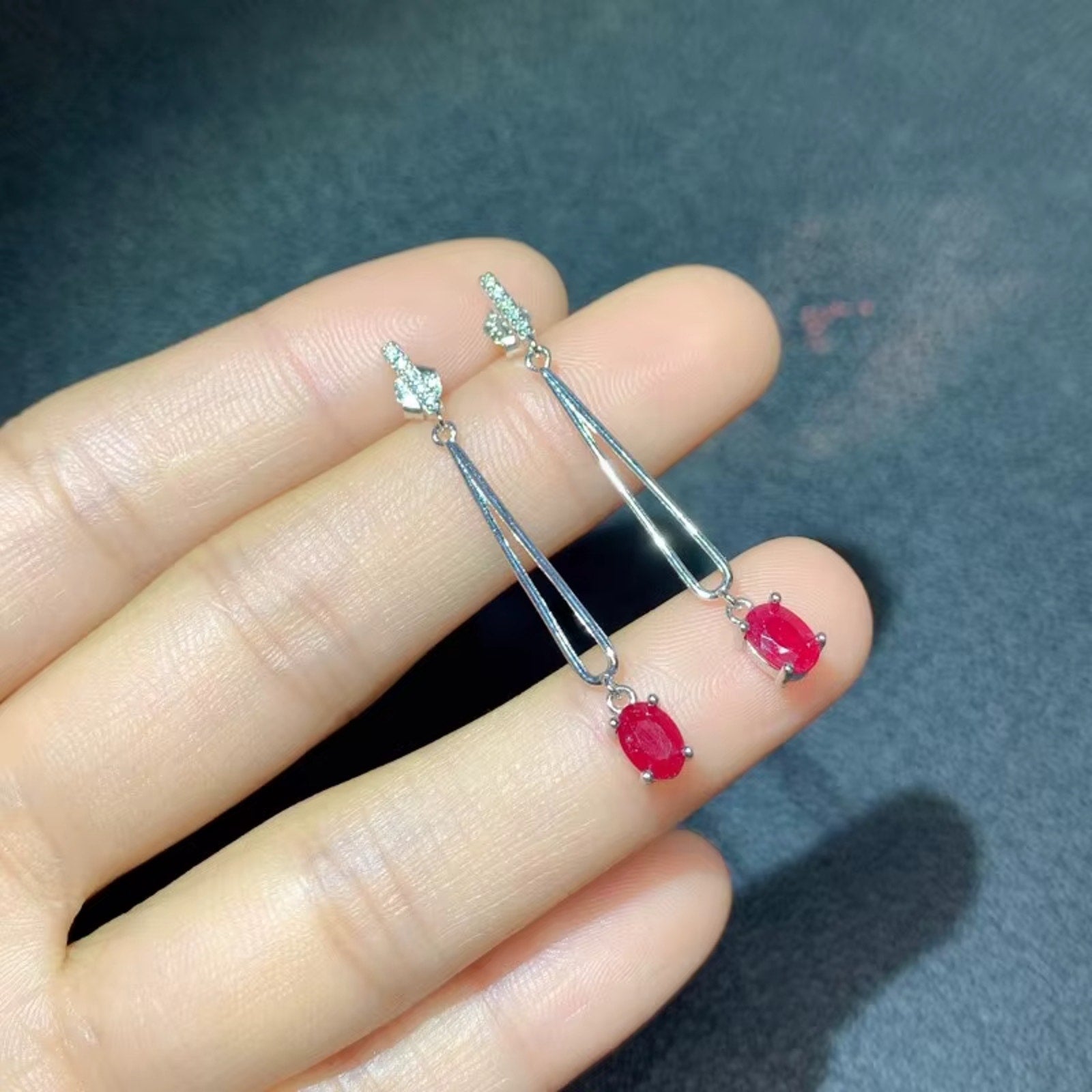 1Ct Stunning Genuine Oval Ruby Dangle Earrings in Sterling Silver