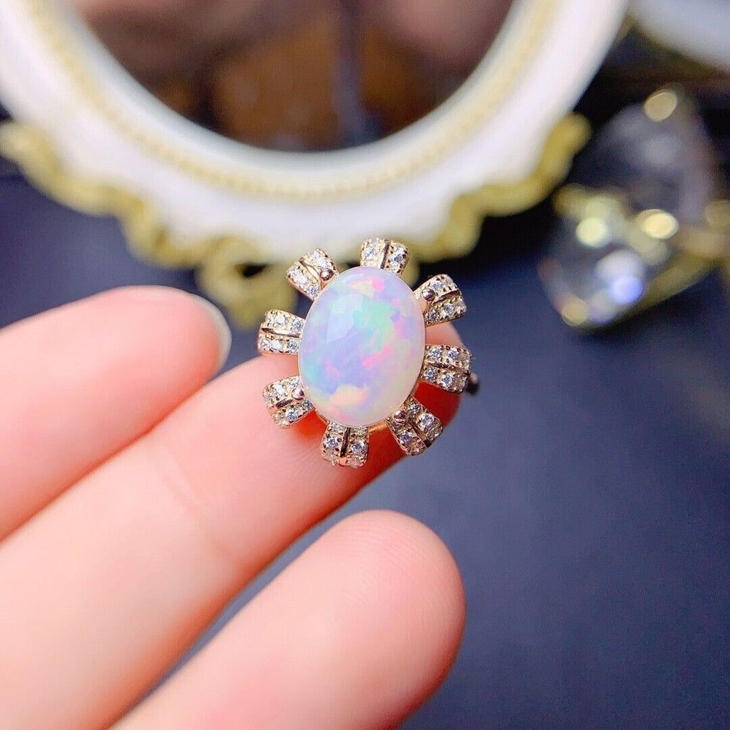 Natural White Opal Cocktail Ring 9x11mm, Colorful Opal Ring 925 Sterling Silver