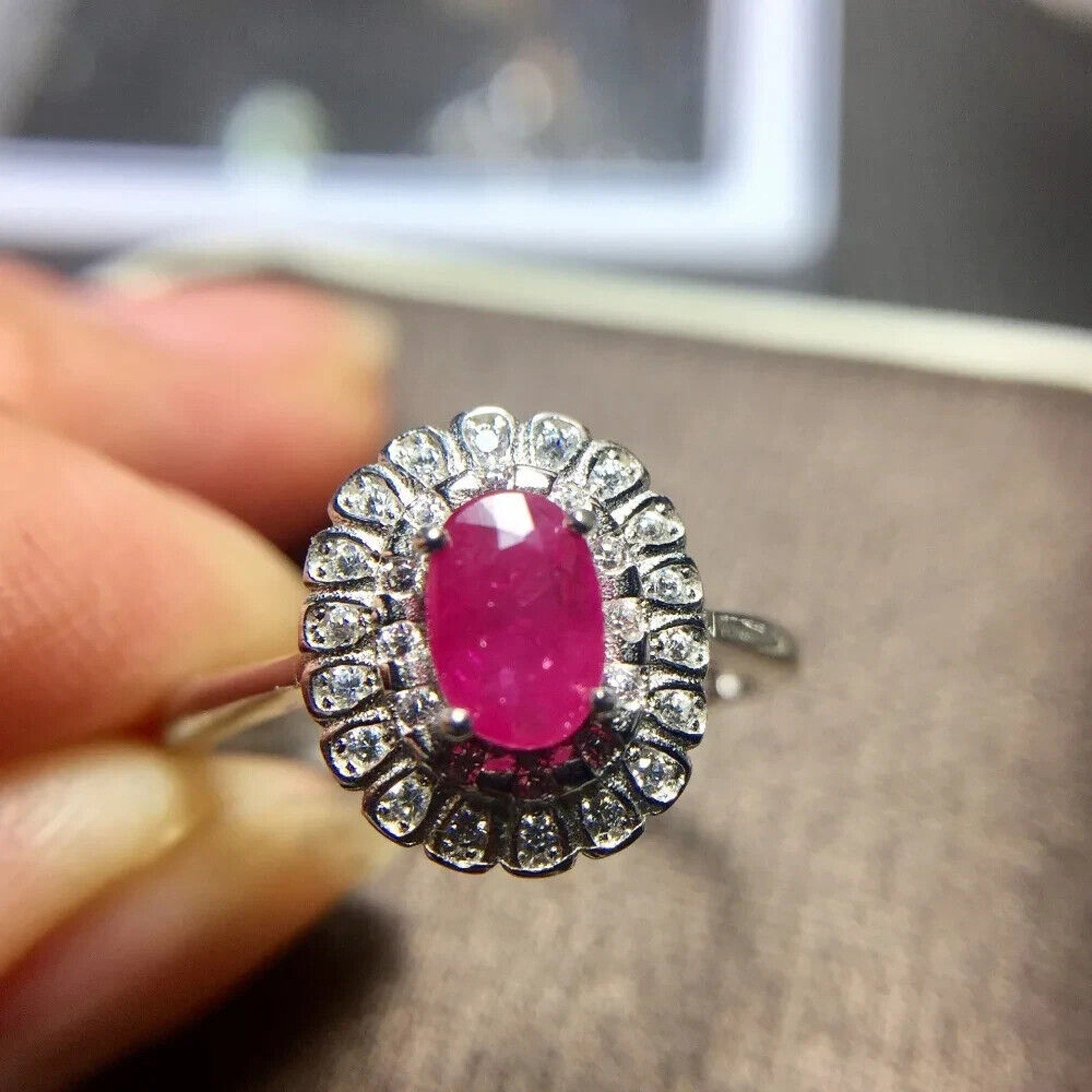 Natural Pink Ruby Ring 4x6mm, Burma Ruby Cluster Ring, Genuine Ruby Ring