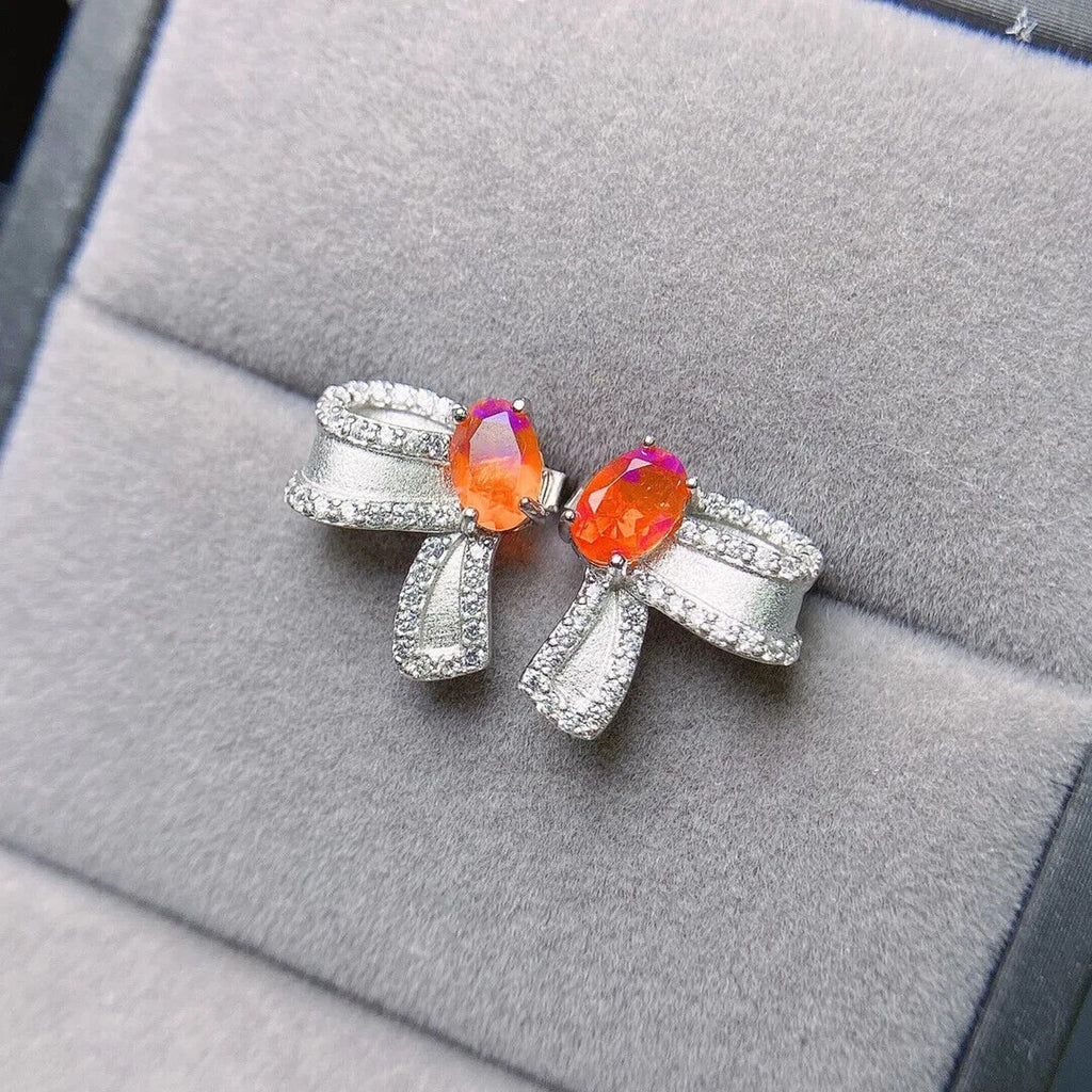 Orange Fire Opal Bow Tie Earrings, Natural Orange Opal Stud Earrings 4x6mm