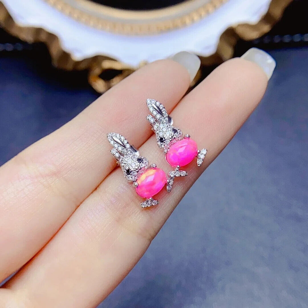 Pink Fire Opal Rabbit Earrings 5x7mm, Natural Pink Opal Earrings Sterling Silver